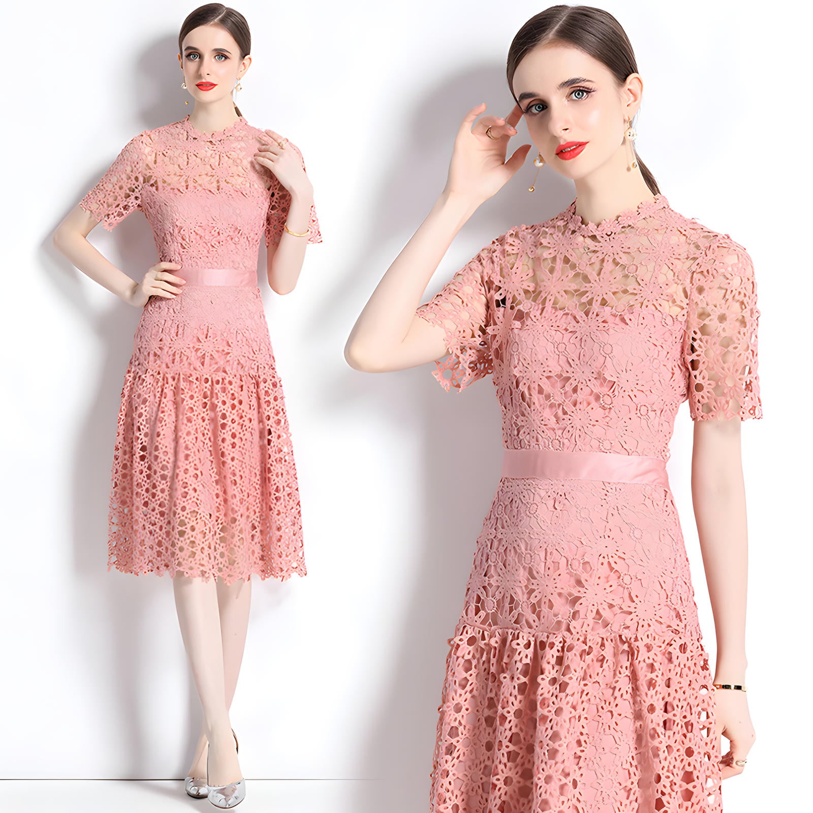 French Crocheted Lace Round Neck A - Line Peach Dress - 331#609