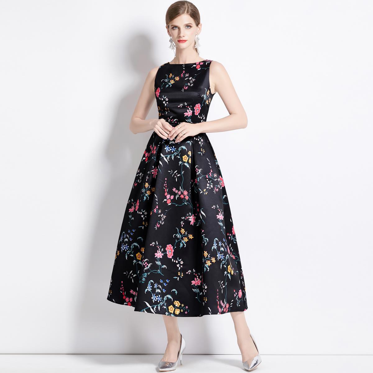 Sleeveless Boat Neck Fitted Vest Box Pleated Skirt Printed Satin Dress - 9088#701