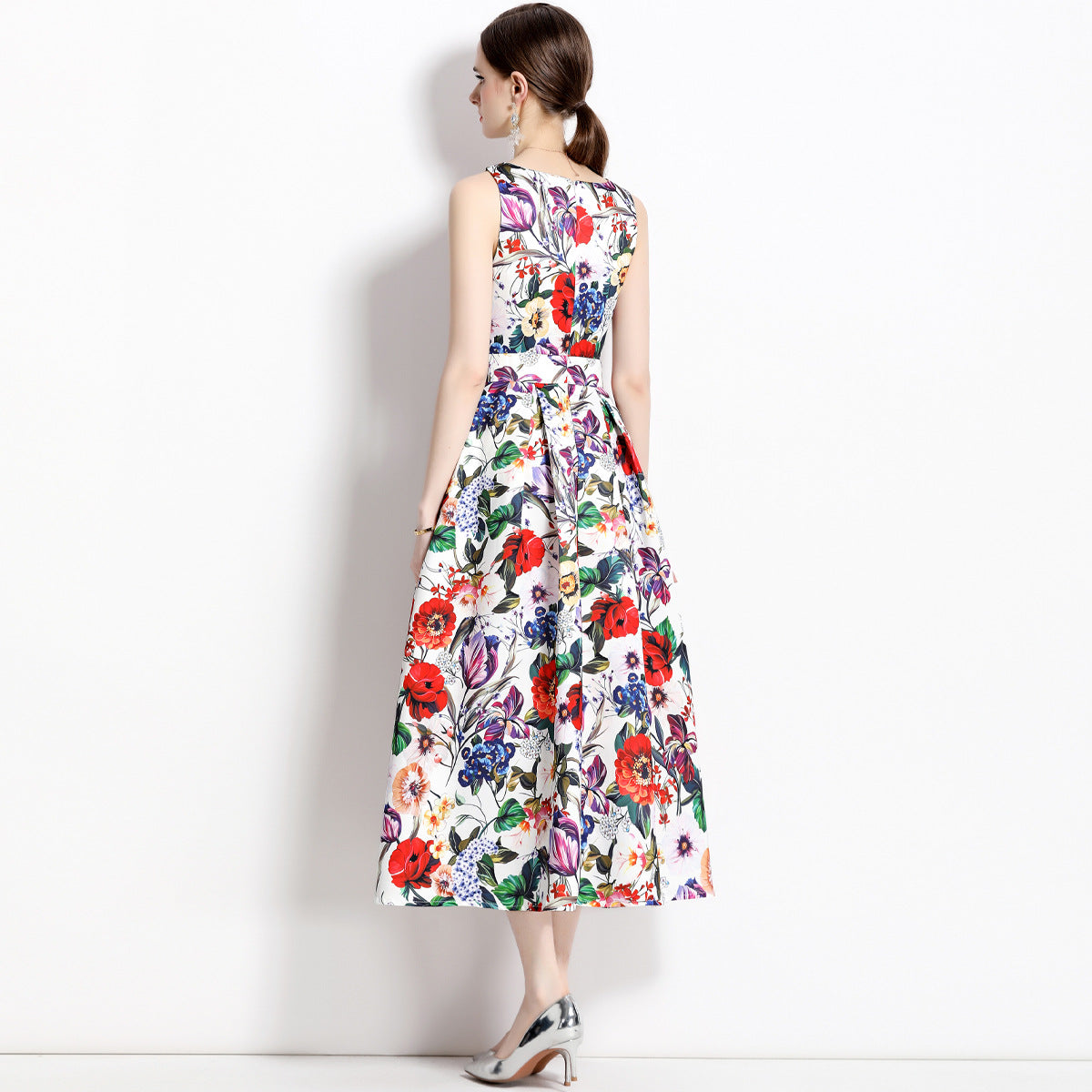 Sleeveless Boat Neck Fitted Vest Box Pleated Skirt Printed Satin Dress - 710550577474_BAS