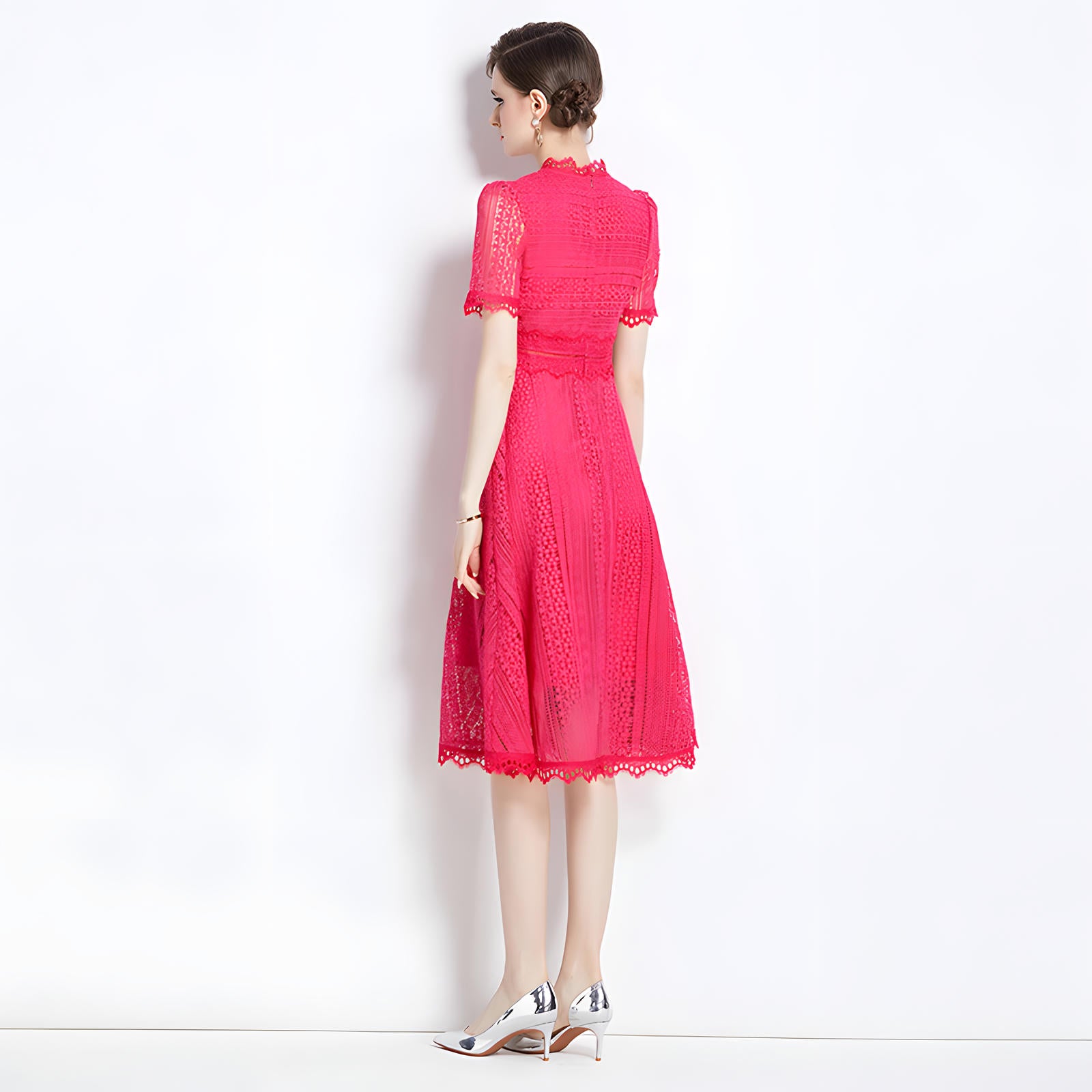 Luxury French Lace Jewel Neck Rose Red Dress - 533#609_ROS