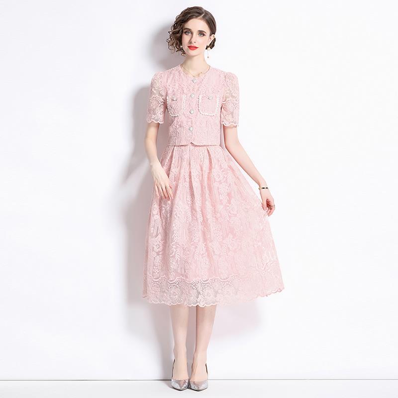 Embroidered French Lace Single Breasted Blouse and Skirt Two Piece Set - 8562#607_PINK (EOSS)
