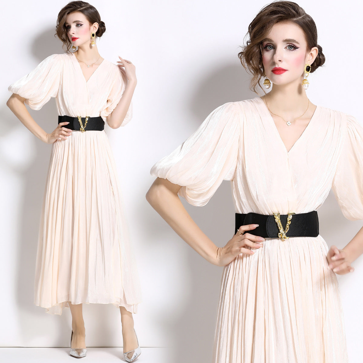 Glossy Pearlescent Chiffon Satin Fabric Lantern Sleeve Apricot Dress with Belt - 826775506412_BAS
