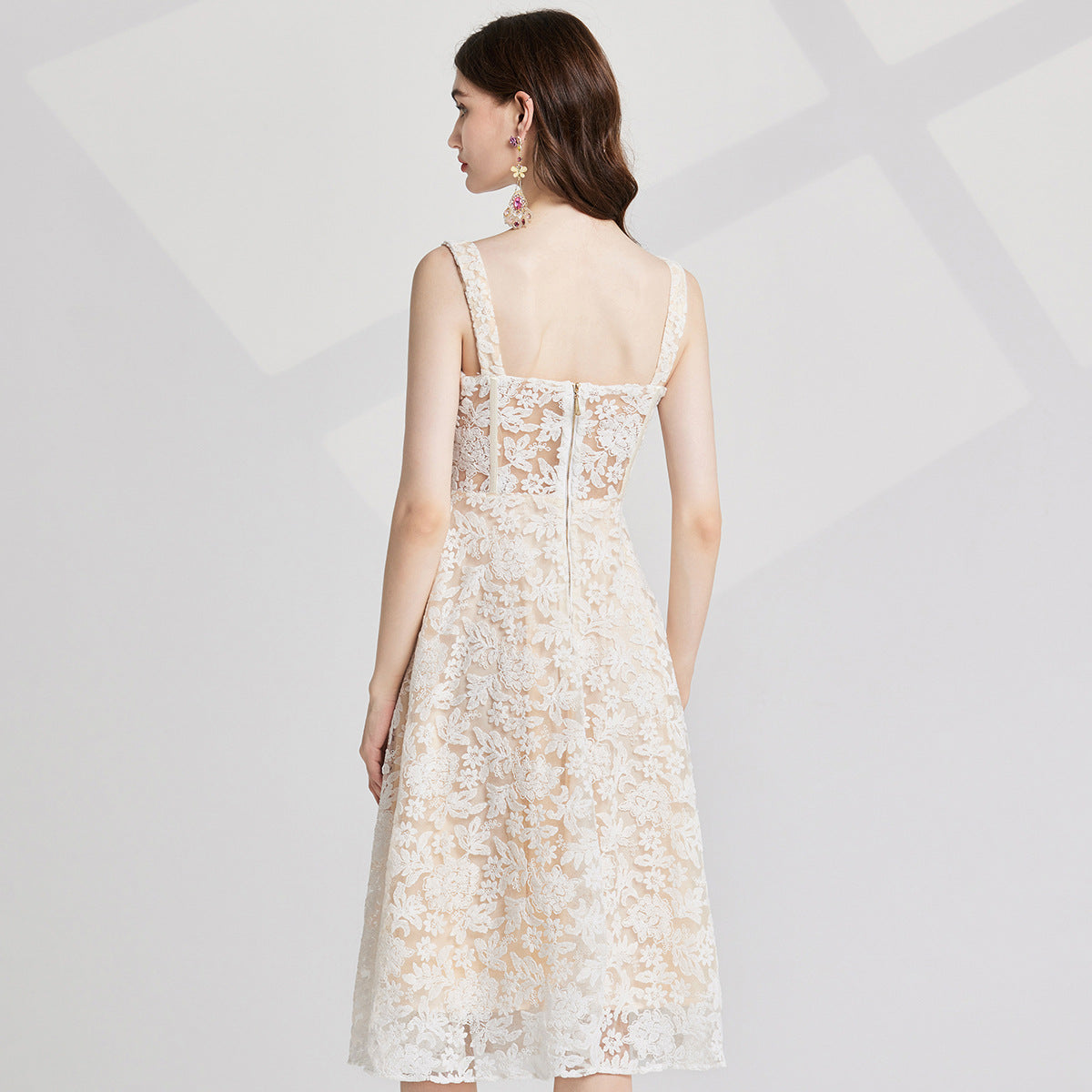 Ivory Lace Garden Dress with Heavy Embroidered Mesh Flocking and Corset Top - 821764686977_BEI (EOSS)