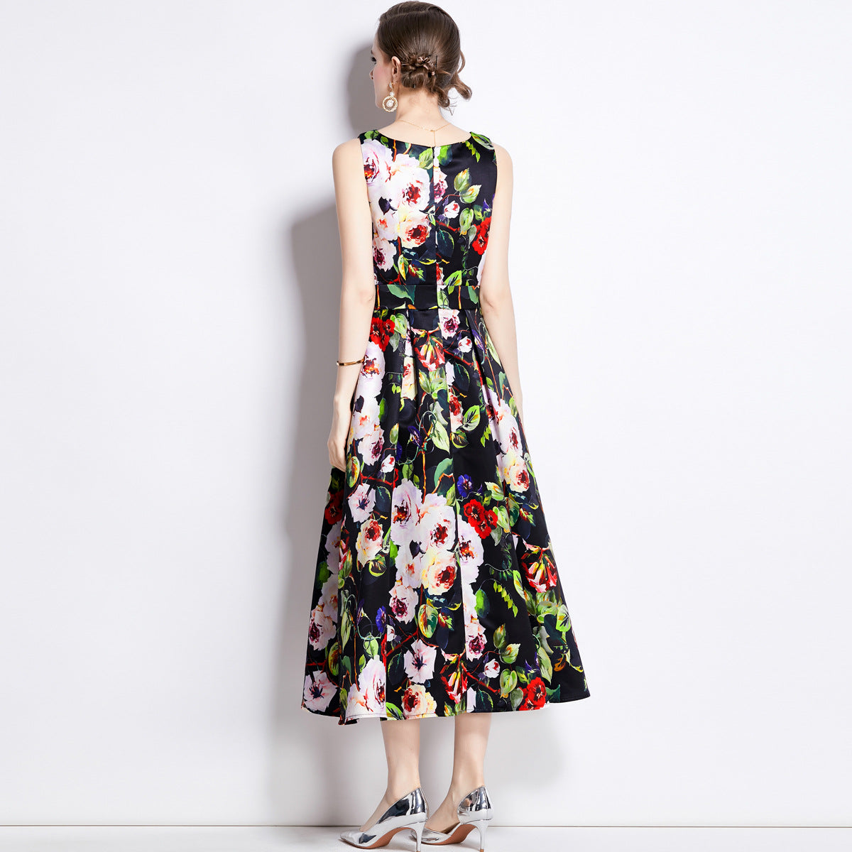 Sleeveless Boat Neck Fitted Vest Box Pleated Skirt Printed Satin Dress - 891#701