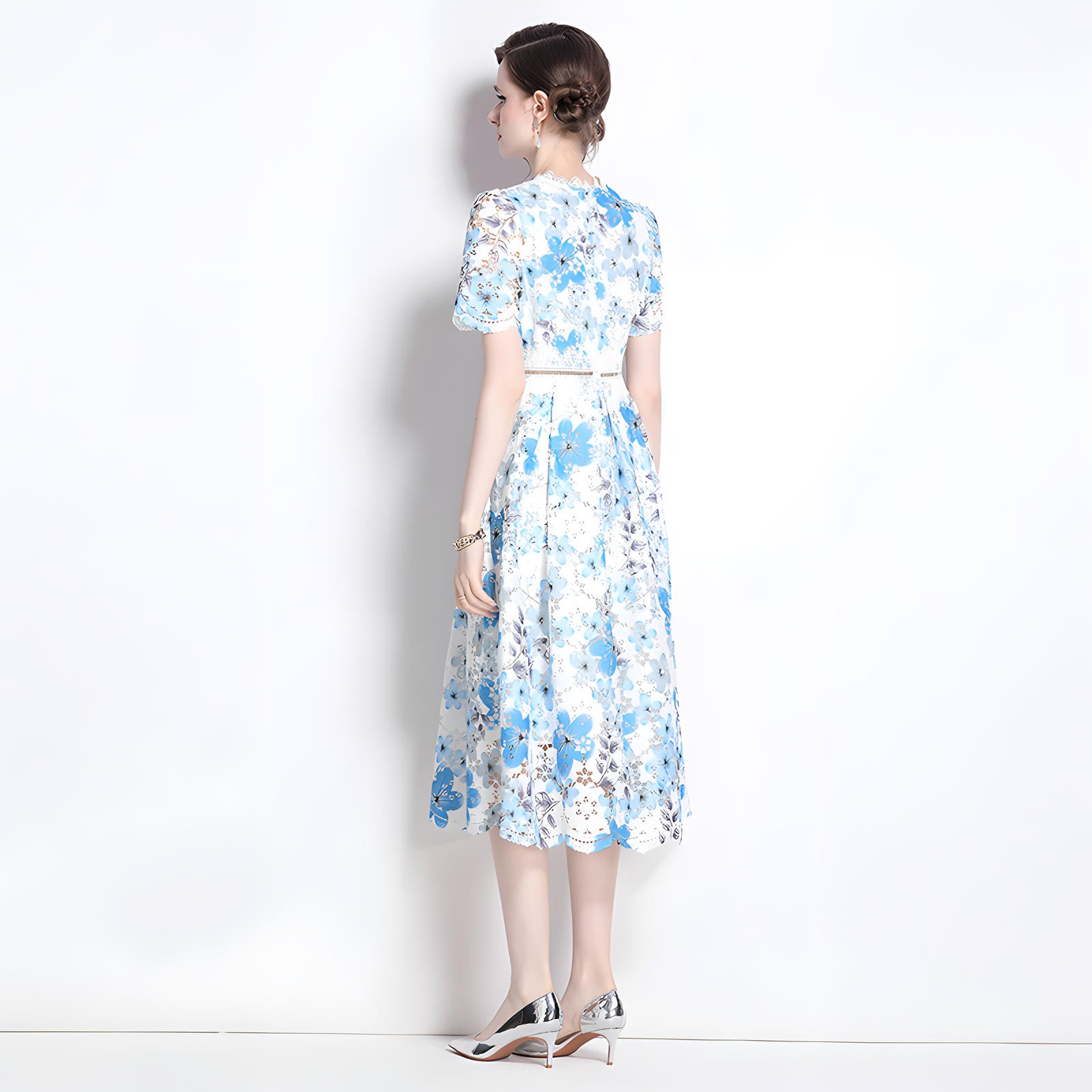 French Printed Flower Lace Jewel Neckline Retro Dress - 795245132736_BAS