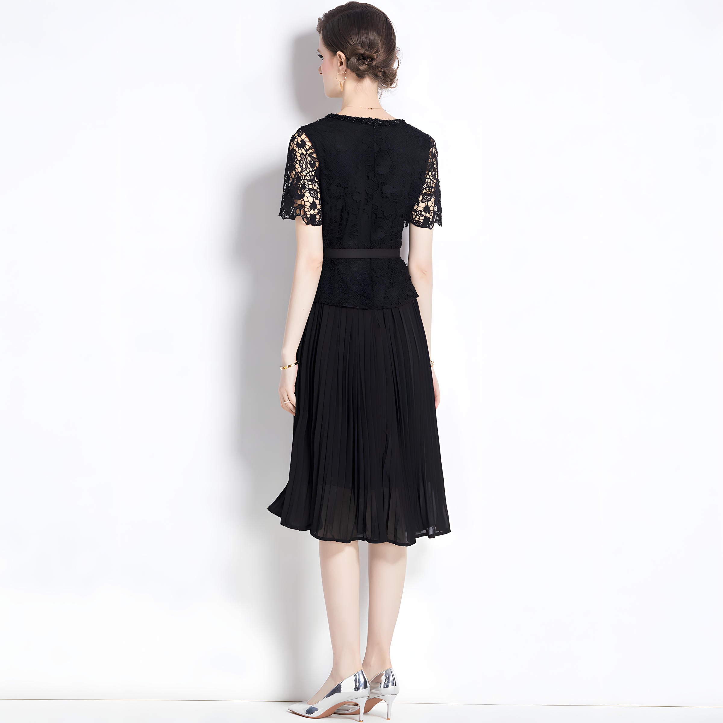 French Lace Jacket Top Pleated Skirt Black Dress With Belt - 781984834483_BAS