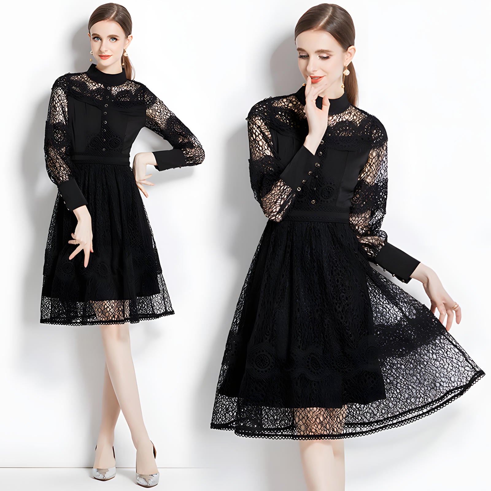 Luxury French Lace High Neck Retro Short Dress - 734561838831