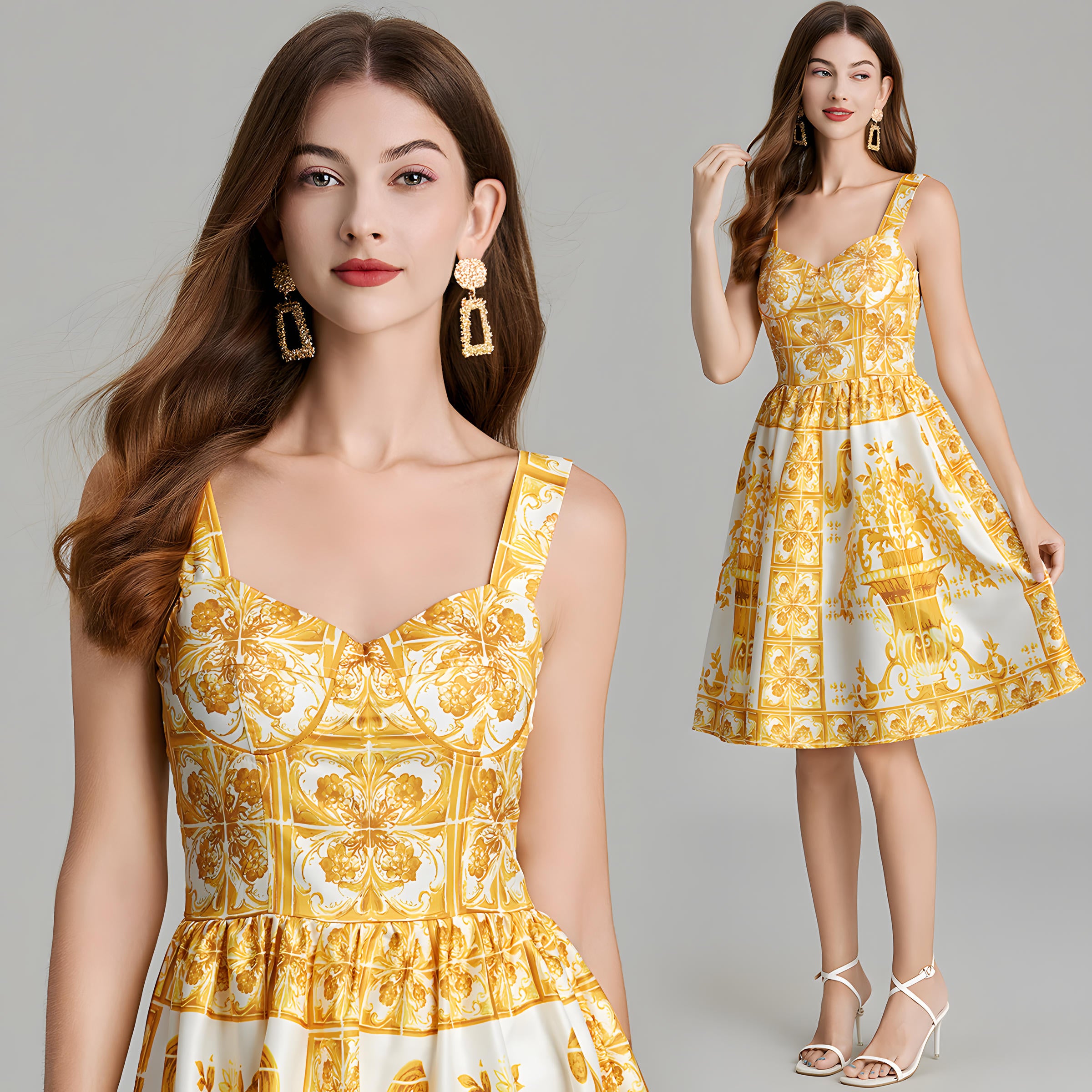 Baroque Pattern Printed Short Retro Dress With Corset Top - 815248774241_BAS