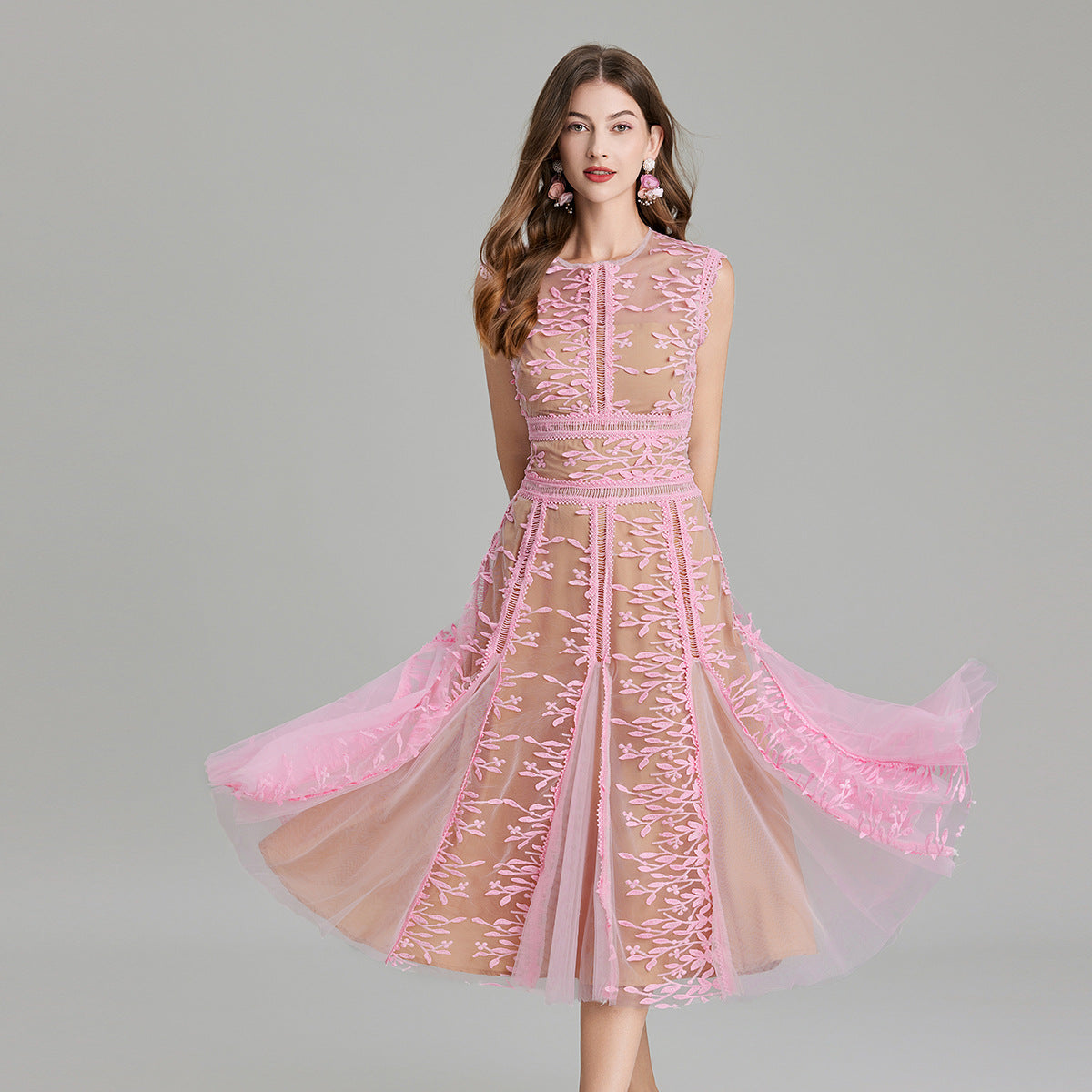 Pink Blush Lace Midi Dress with Mesh Flocking and Nude Lining - 823734853765_PIN