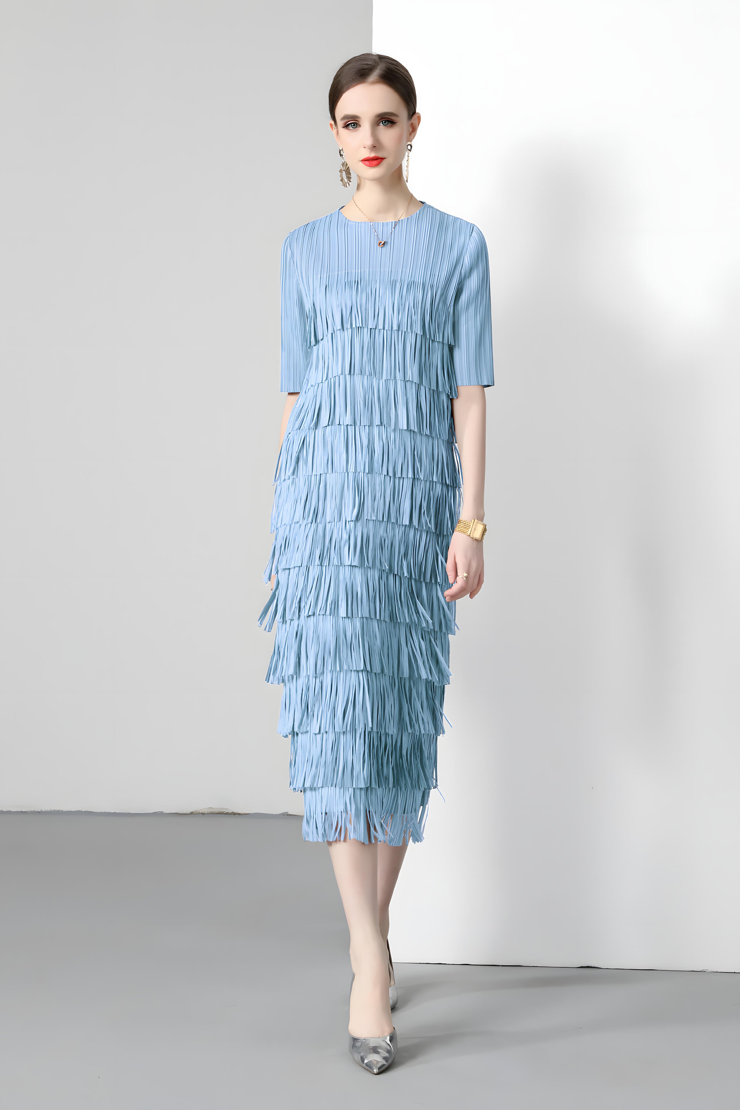 Multitier Fringe Stretchable Free Size Party Blue Dress - 764154489541_ZY_BLU