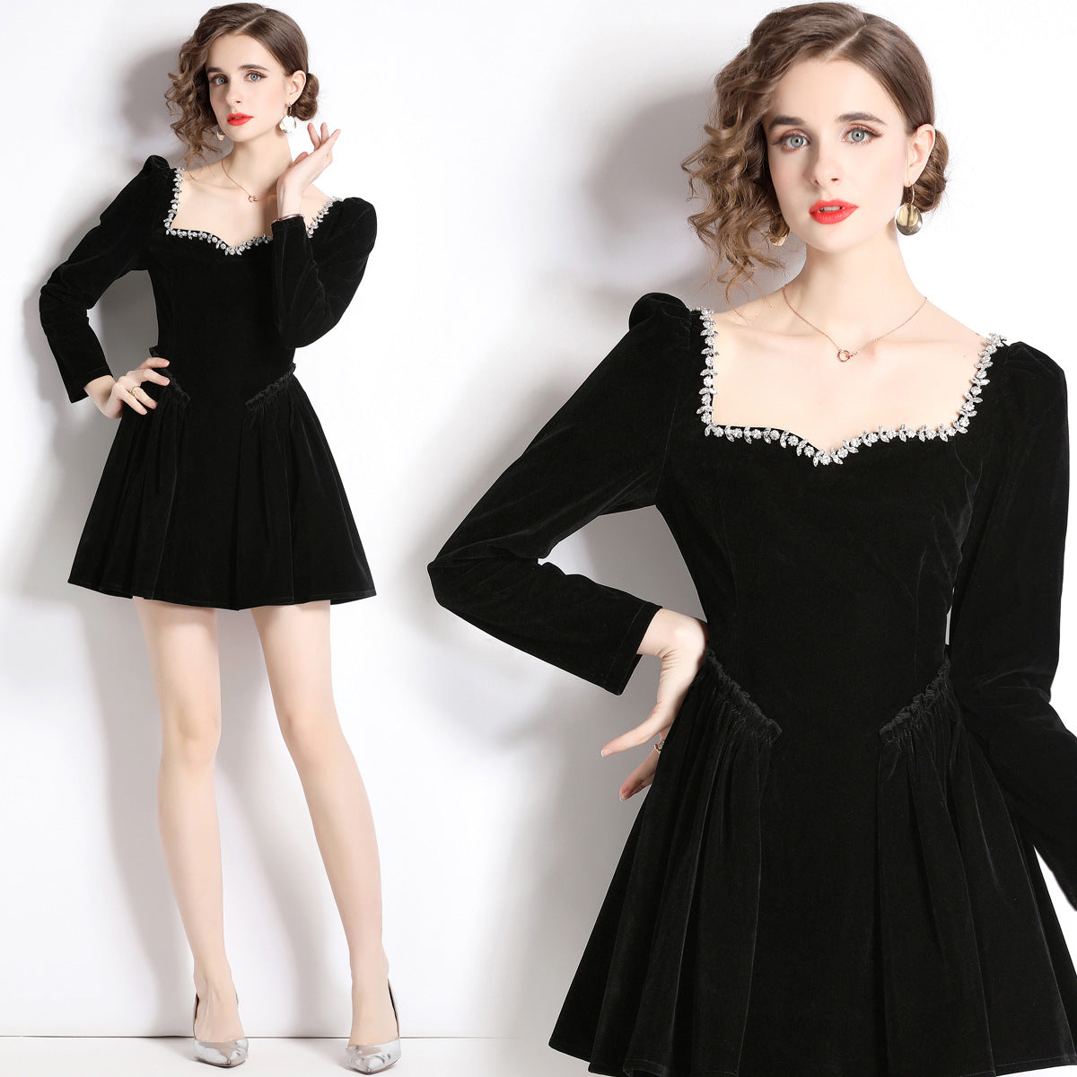 Black Short Velvet Dress With Ruched Waist And Jewelled Sweetheart Neckline - 735628352228_BLA