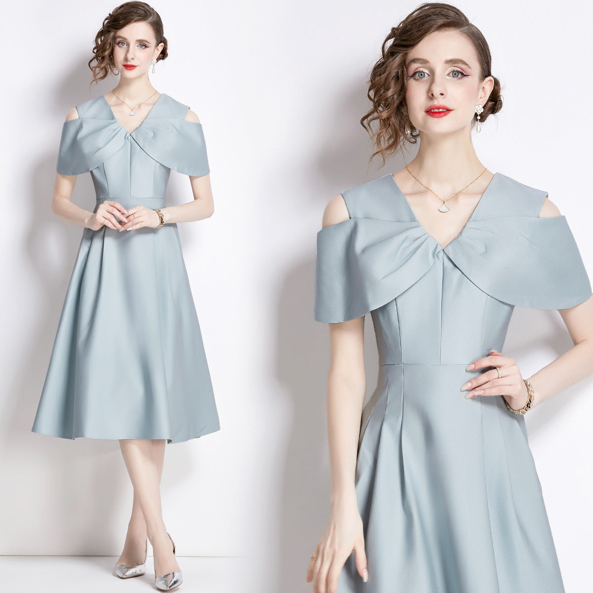 Off Shoulder V - Neck Fitted Vest Tucked Pleats Skirt Slate Blue Solid Satin Dress - NRJ-701A#1645_1