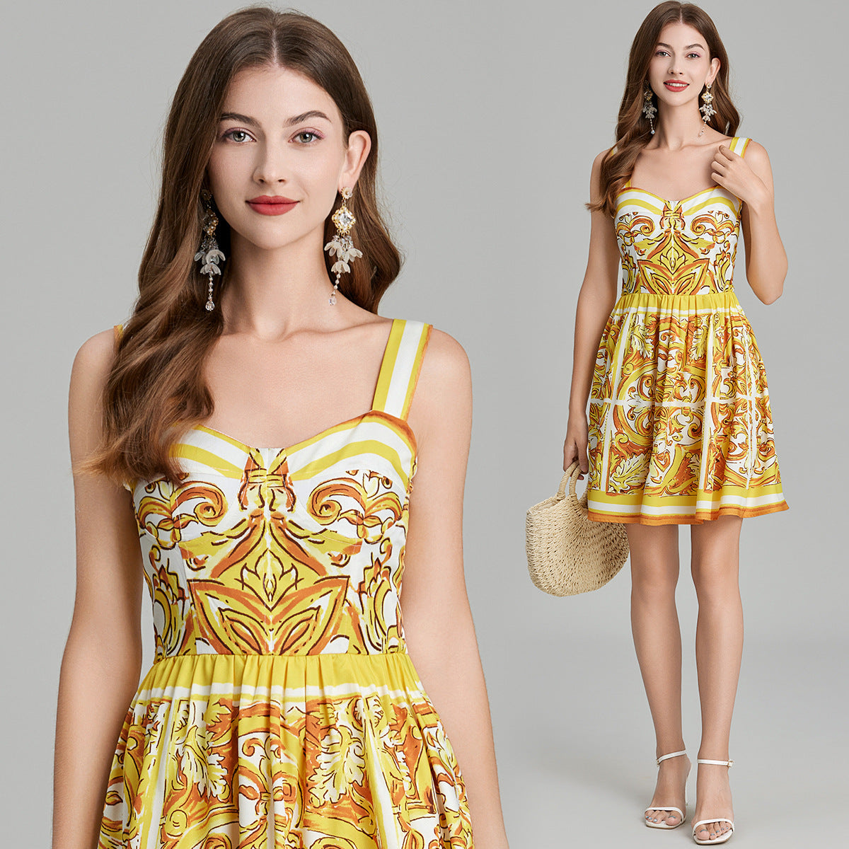 Baroque Pattern Printed Short Retro Satin Dress - 815978965367_BAS