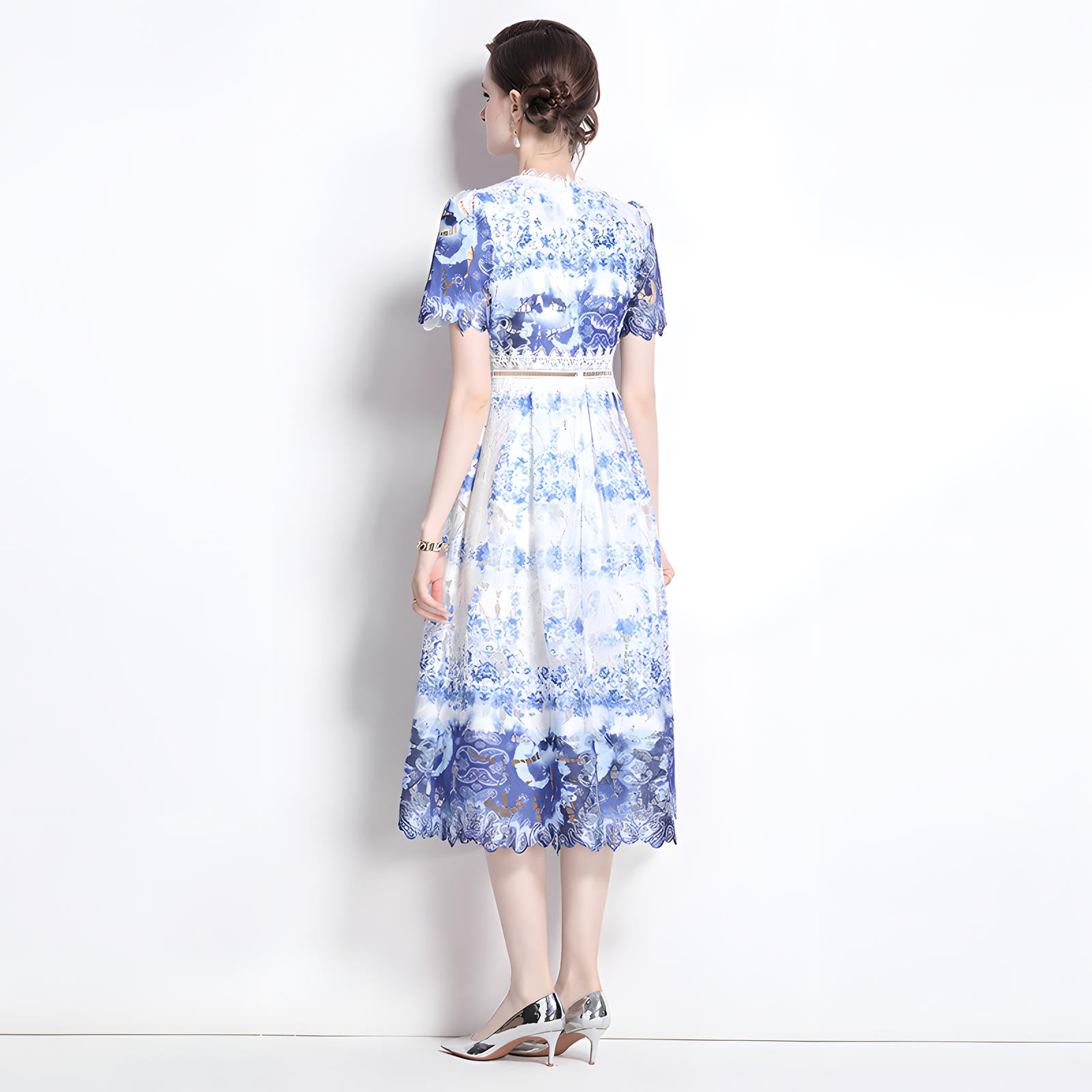 French Printed Flower Lace Jewel Neckline Retro Dress - 795242988743_BAS