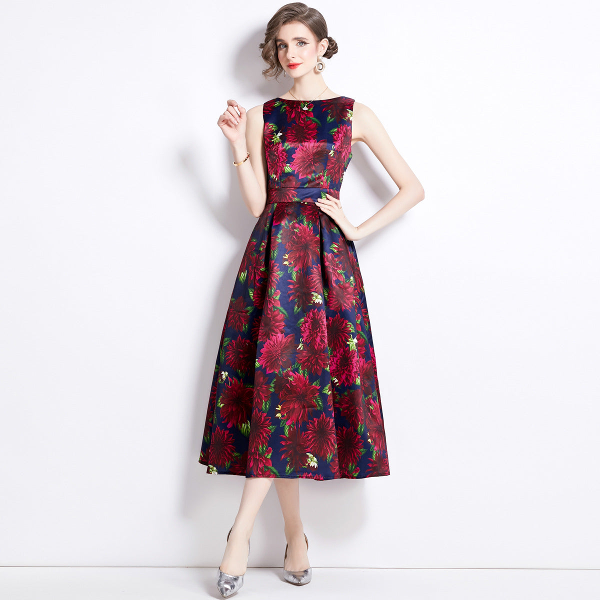 Sleeveless Boat Neck Fitted Vest Box Pleated Skirt Printed Satin Dress - 859#701