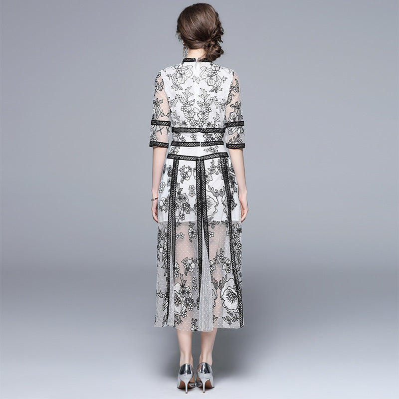 Embroidered Polka Dot Mesh and Lace White Black Dress  - 833884552896_BAS