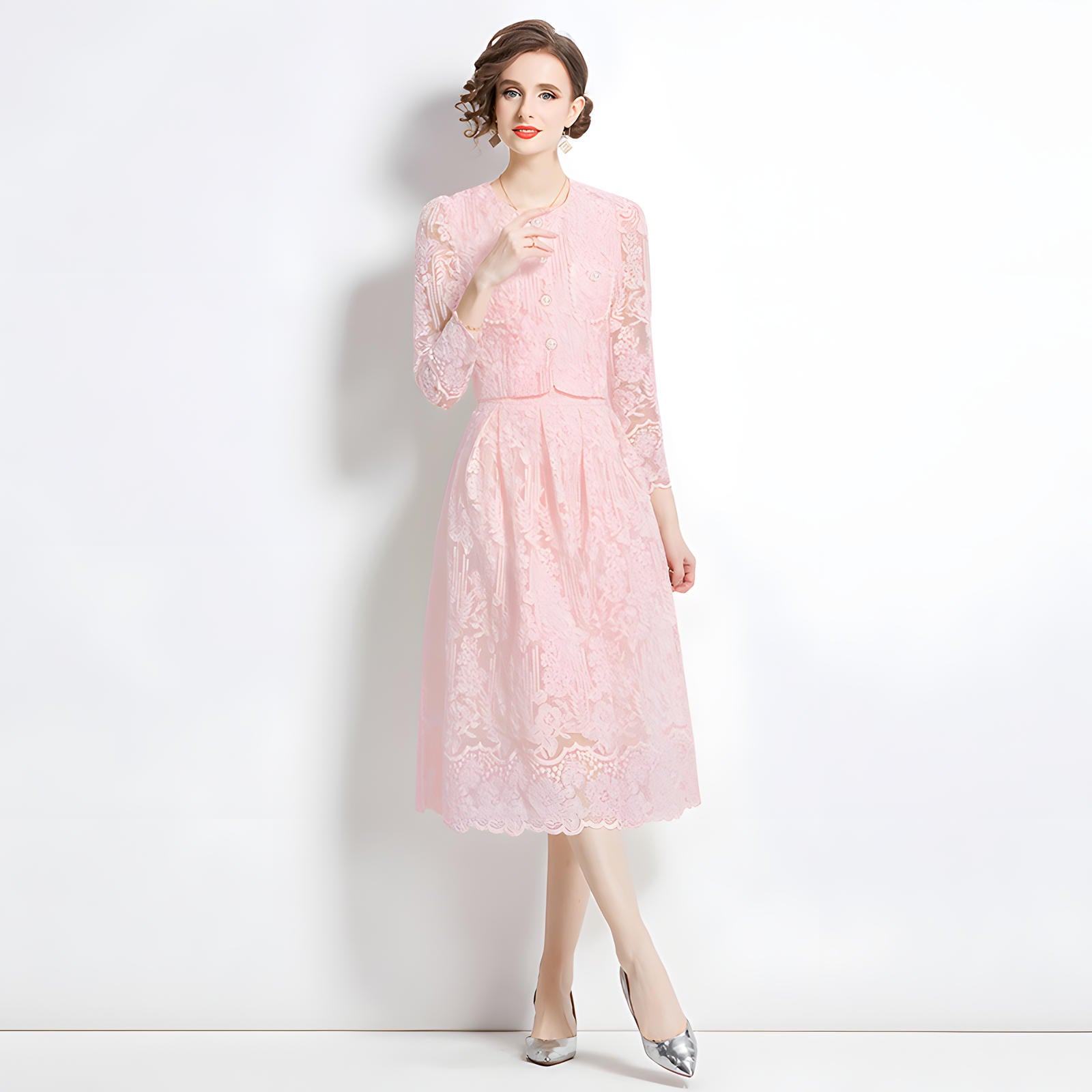 Embroidered French Lace Single Breasted Full Sleeve Blouse and Skirt Two Piece Set - 8566 #607_PINK (EOSS)