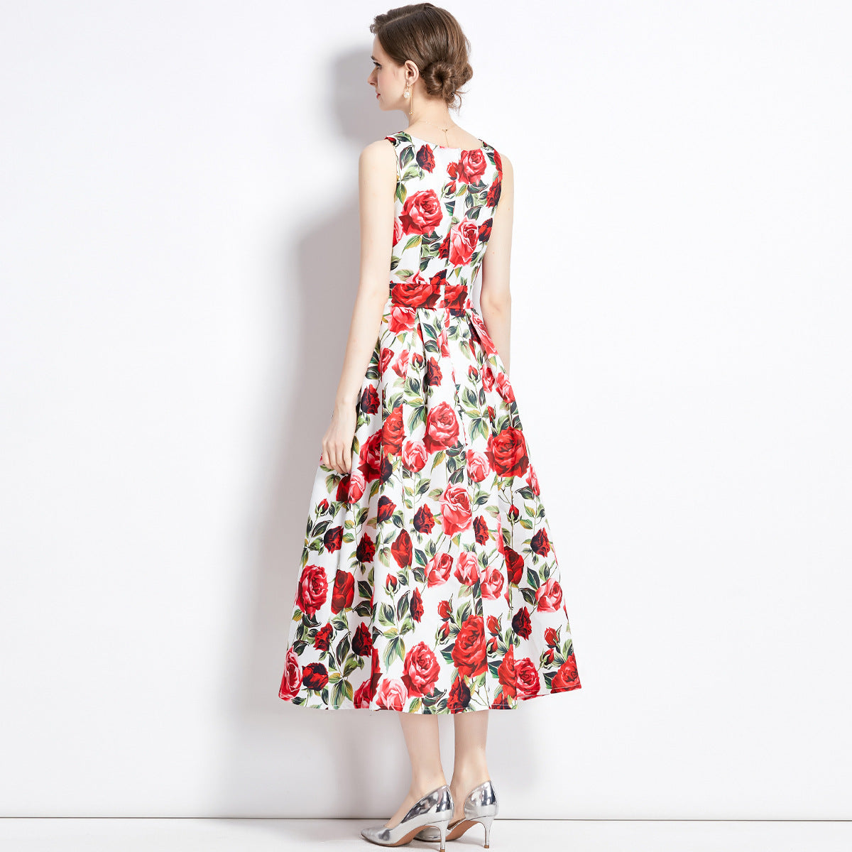 Sleeveless Boat Neck Fitted Vest Box Pleated Skirt Printed Satin Dress - 9054#701_BAS