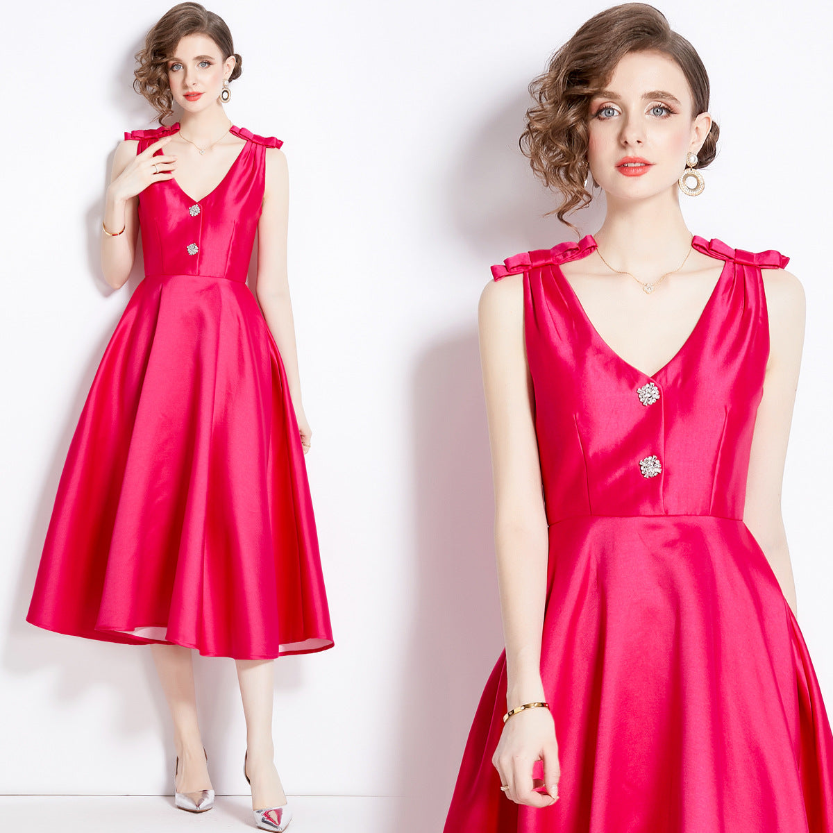 Hepburn Style Shoulder Bow V Neck Solid Hot Pink Satin Dress - 1630#701