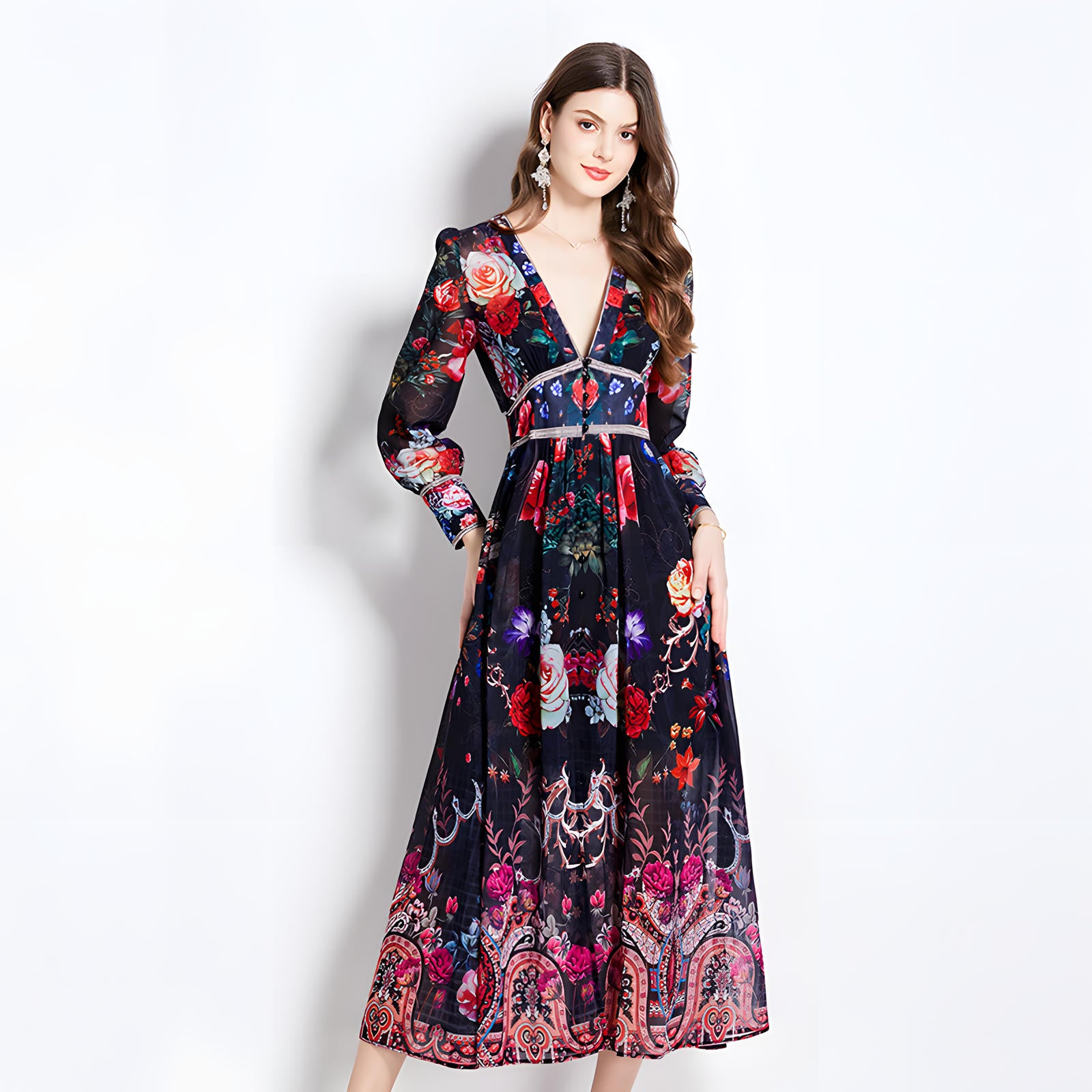 Printed Chiffon Plunging V - Neckline Elasticated Waist Front Split Long Dress - NRJ-720#2497 (EOSS)