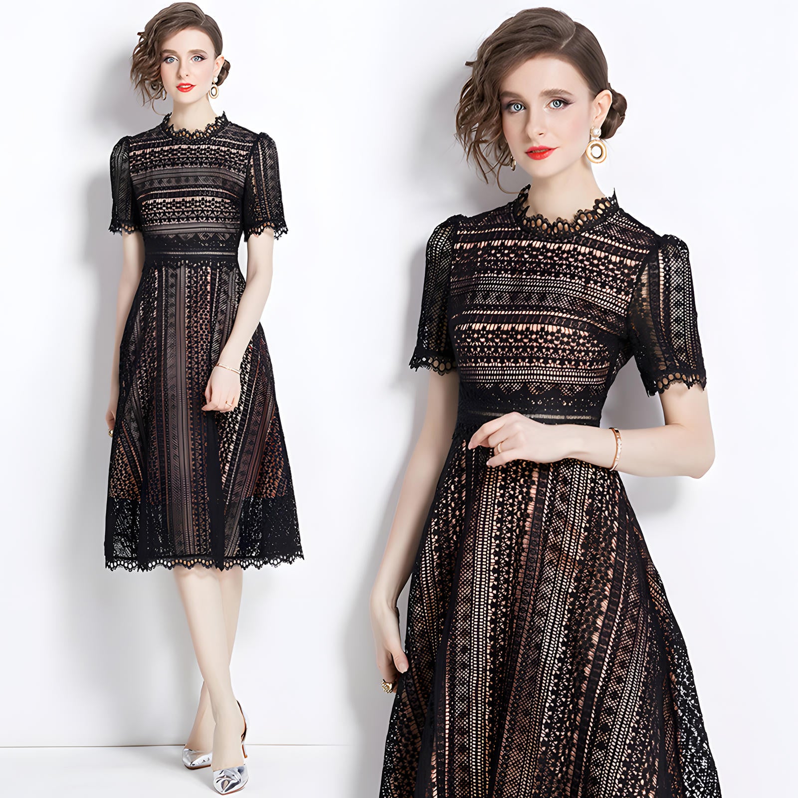Luxury French Lace Jewel Neck Black Dress - 533#609_BLA