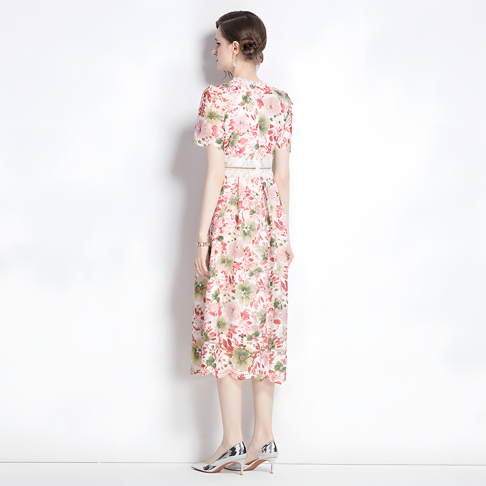 French Printed Flower Lace Jewel Neckline Retro Dress - 795256872065_BAS