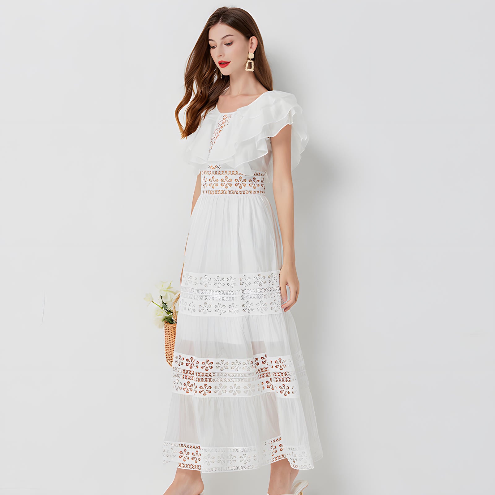 Summer Seaside Vacation French Lace White Long Dress - 812508106214_BAS