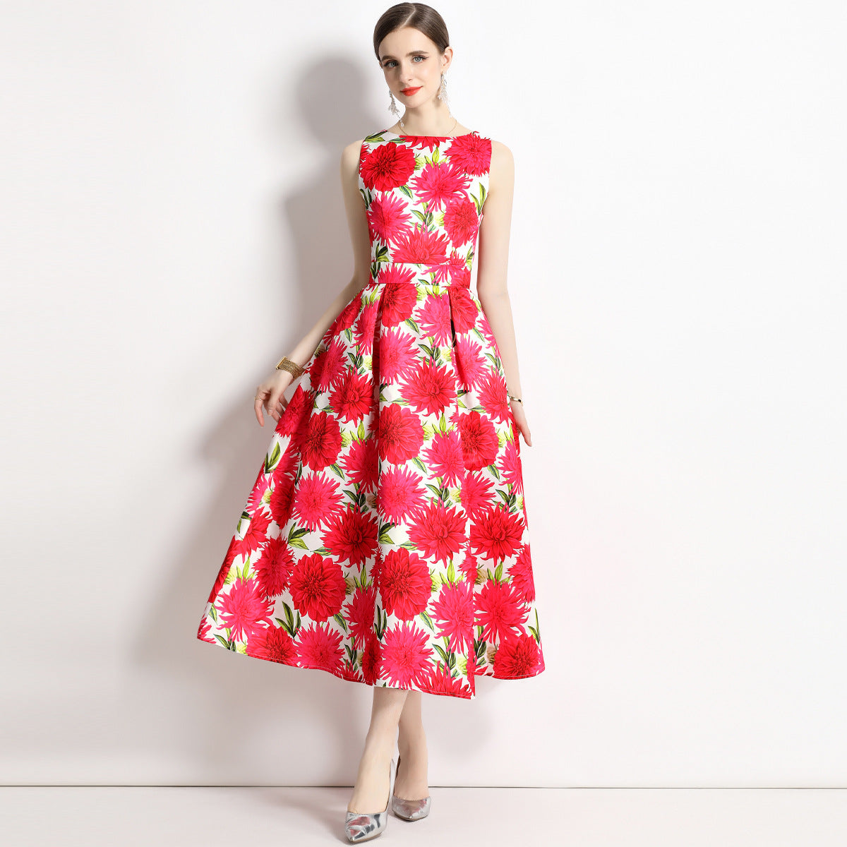 Sleeveless Boat Neck Fitted Vest Box Pleated Skirt Printed Satin Dress - 9006#701_BAS