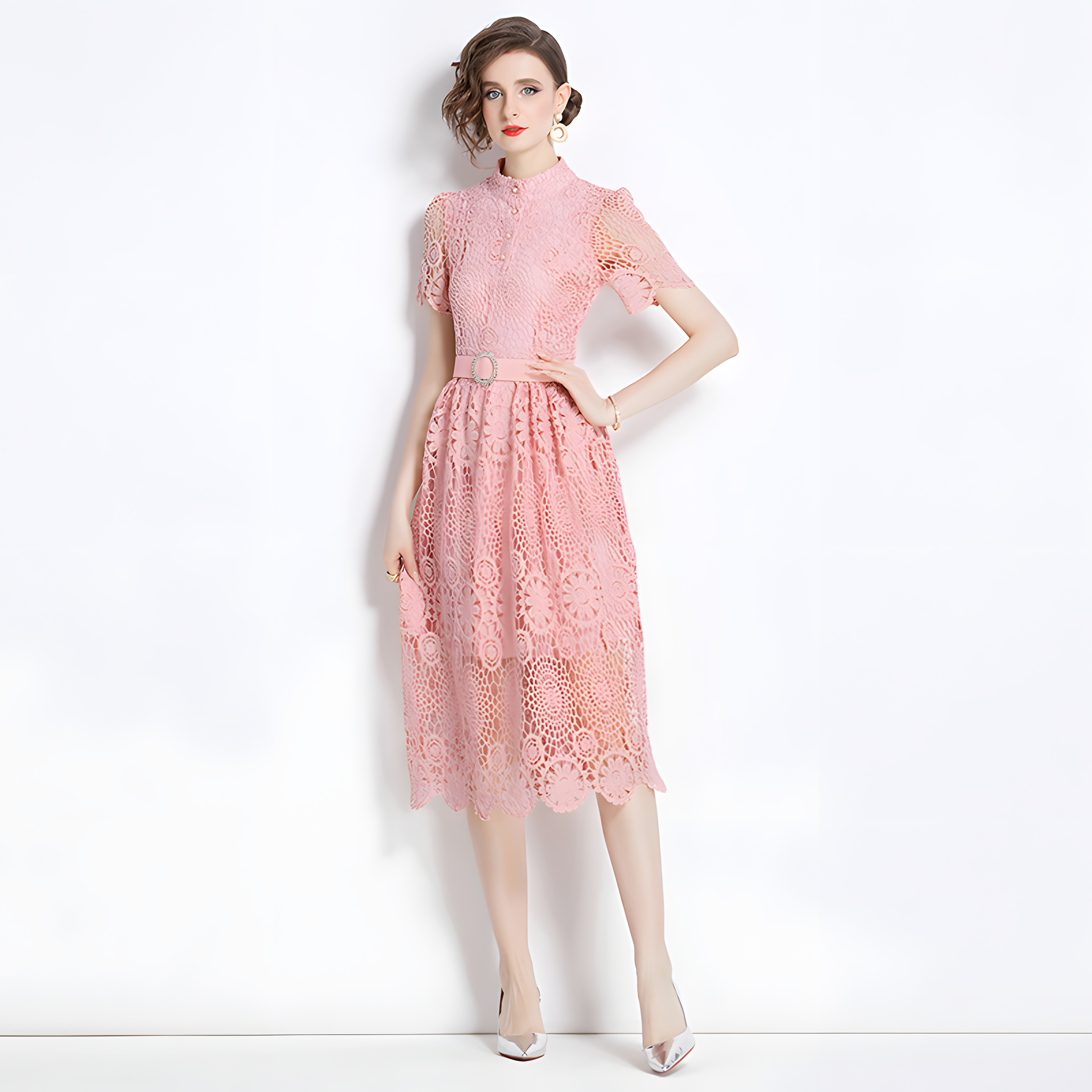 Luxury French Lace High Neck Front Button Pink Dress With Belt - 500#609_PIN