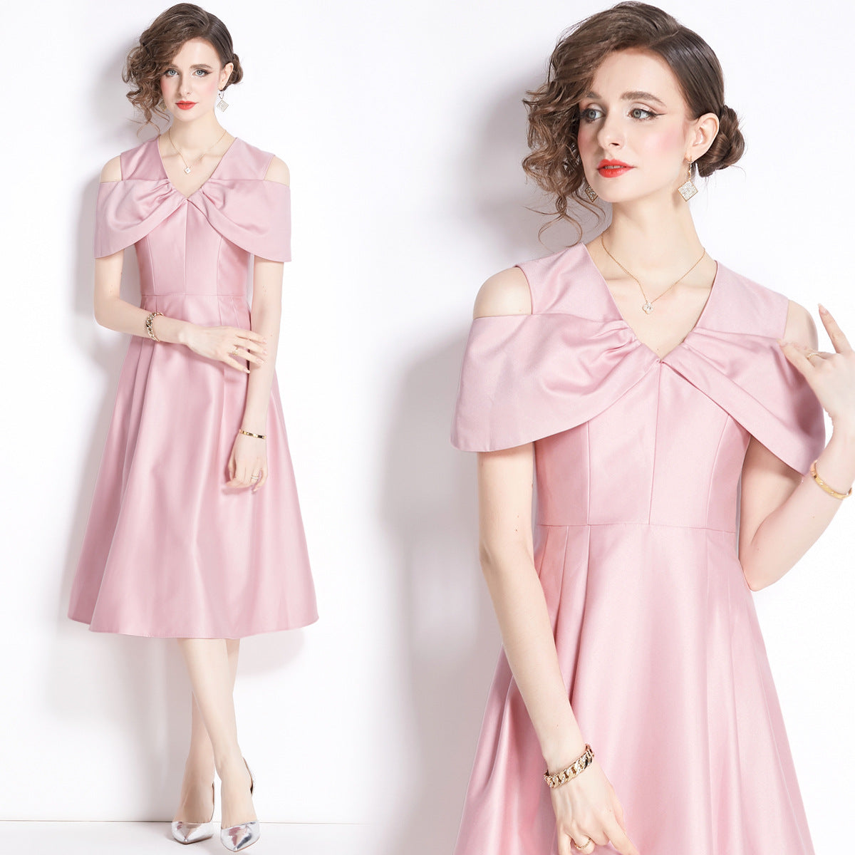 Off Shoulder V - Neck Fitted Vest Tucked Pleats Skirt Pink Solid Satin Dress - NRJ-701A#1645_3