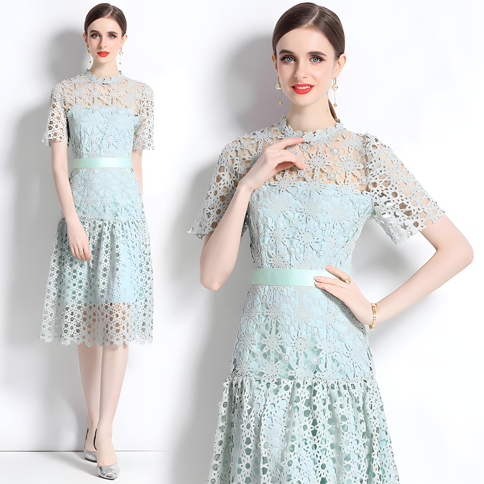 French Crocheted Lace Round Neck A - Line Aqua Green Dress - 332#609