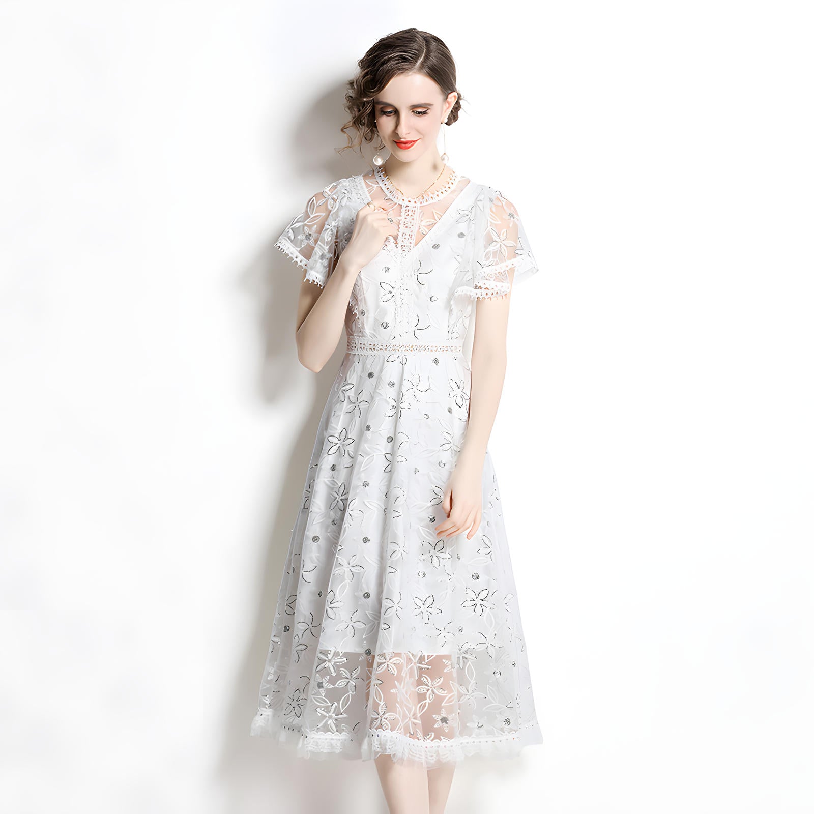 Luxury Silk Thread Embroidery Mesh and Lace Butterfly Sleeve White Dress With Sequin Flowers - 6559607