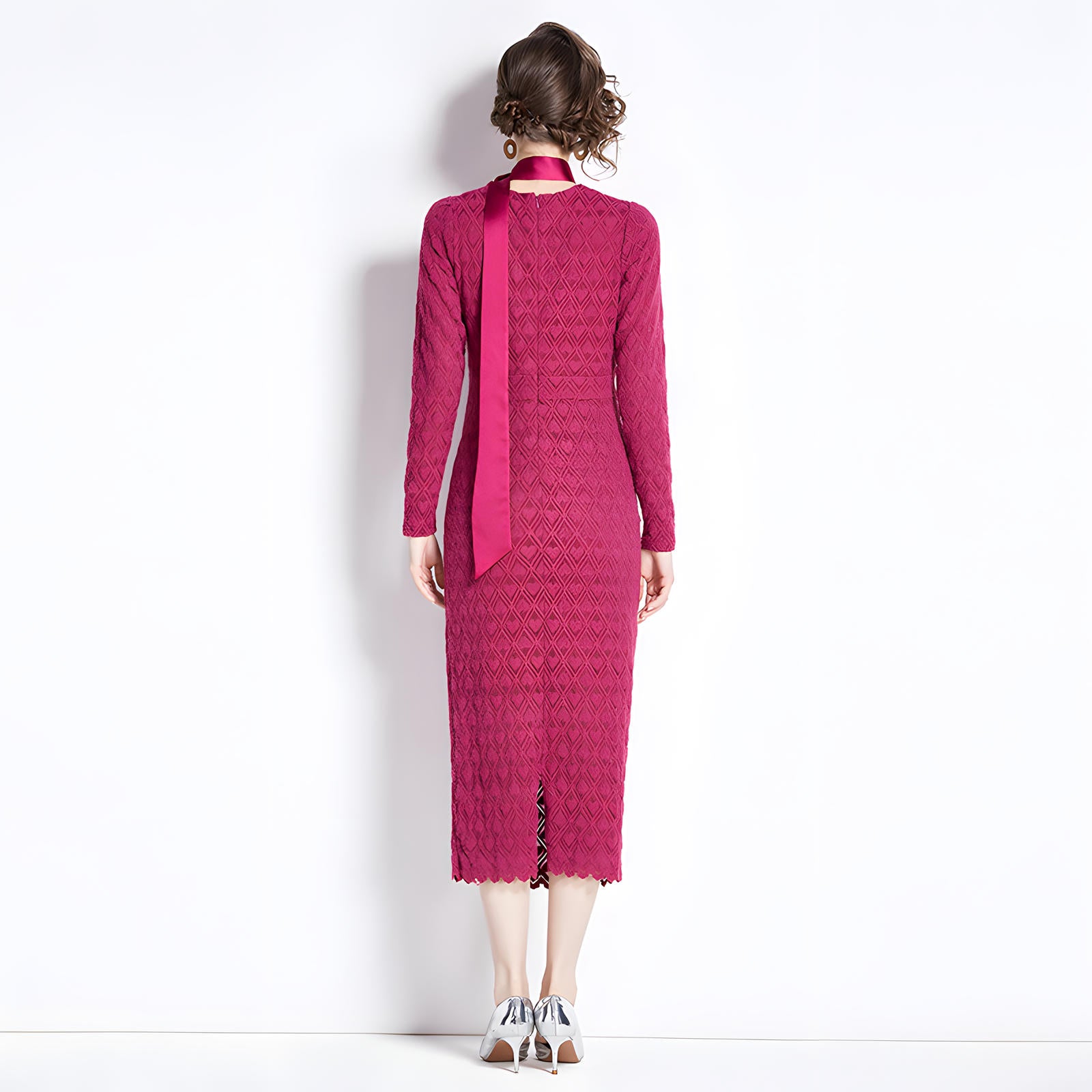 Heart Texture Design Back Split V Neck Rose Red Body-fit Dress With Rose Belt - 755217051926_ROS