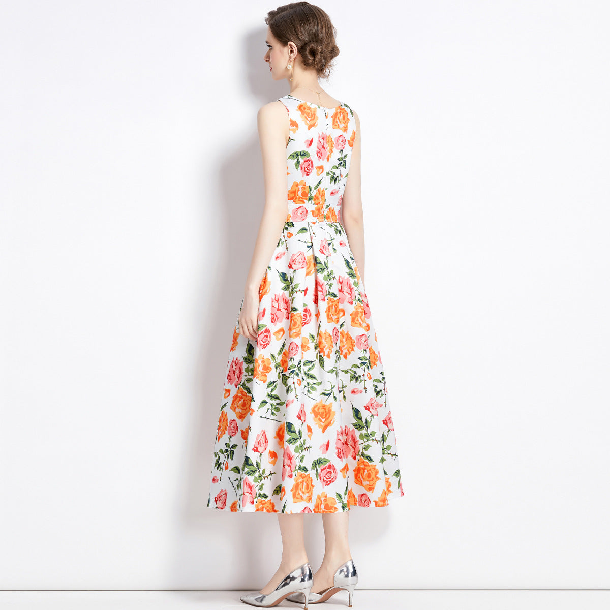 Sleeveless Boat Neck Fitted Vest Box Pleated Skirt Printed Satin Dress- 9053#701_BAS