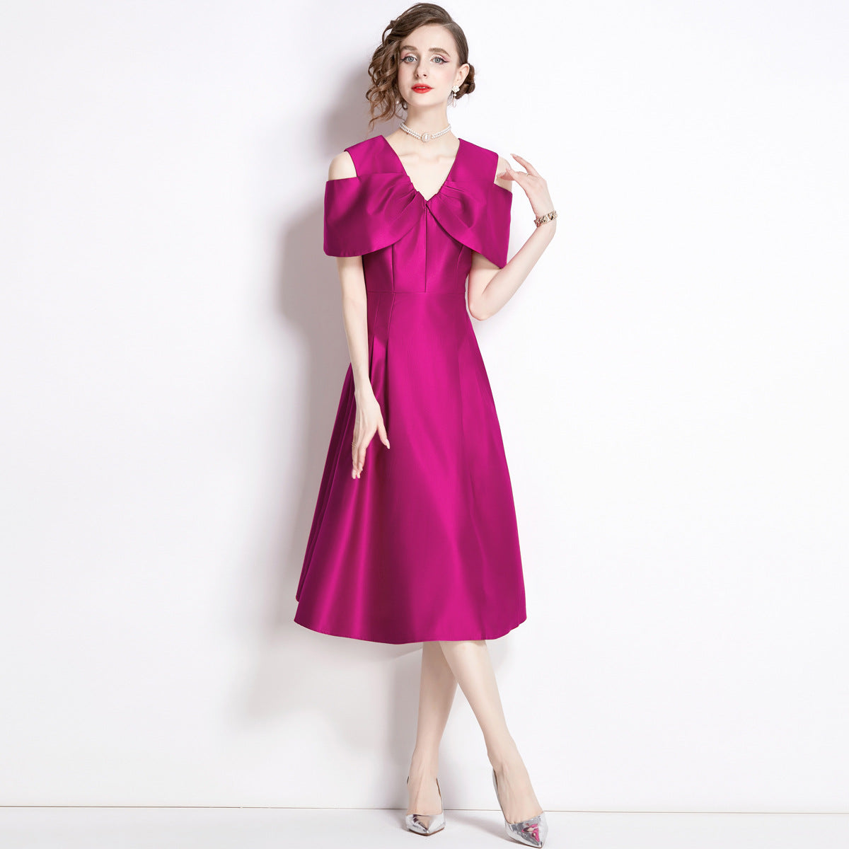 Off Shoulder V - Neck Fitted Vest Tucked Pleats Skirt Hot Pink Solid Satin Dress - NRJ-701A#1645_2