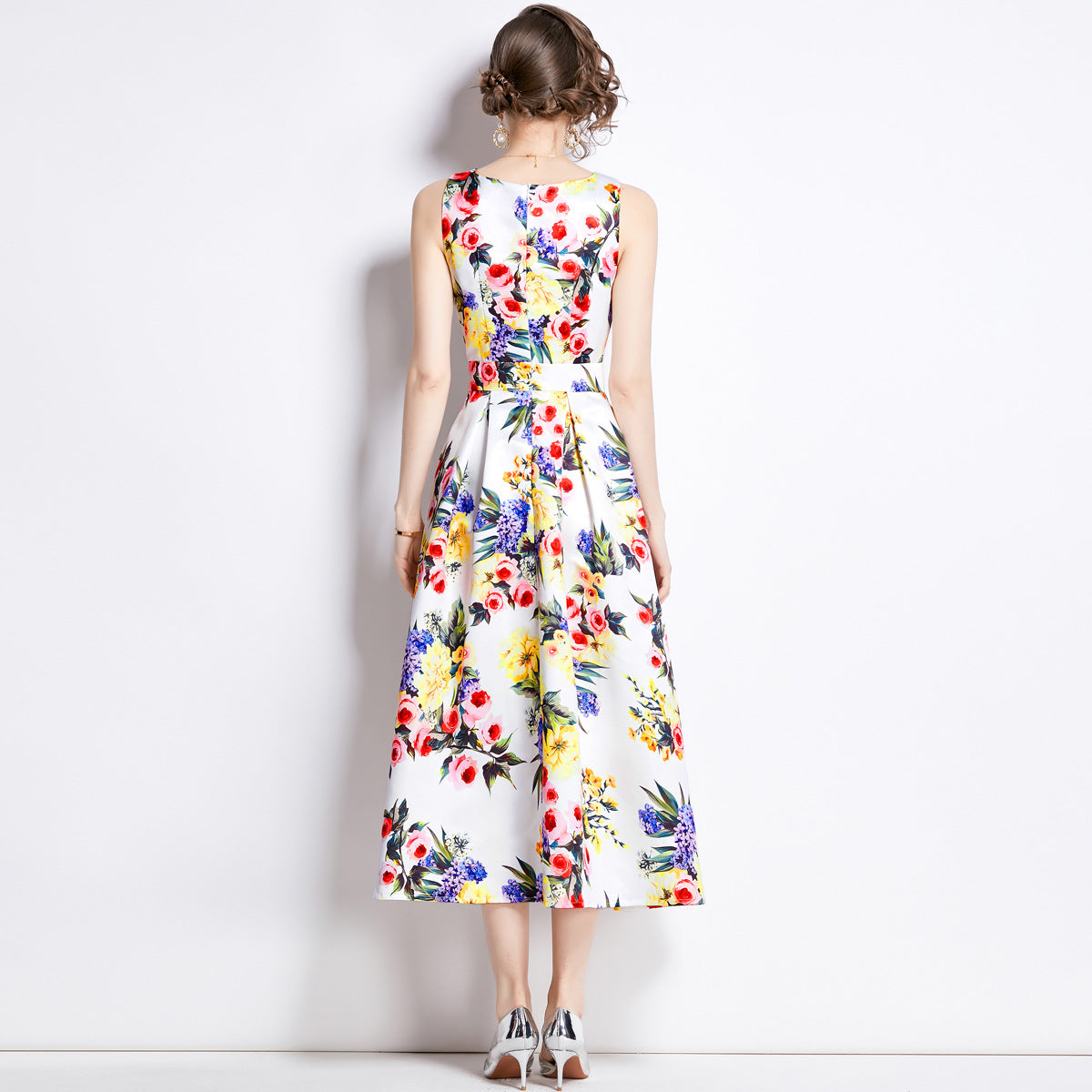 Sleeveless Boat Neck Fitted Vest Box Pleated Skirt Printed Satin Dress - 894#701