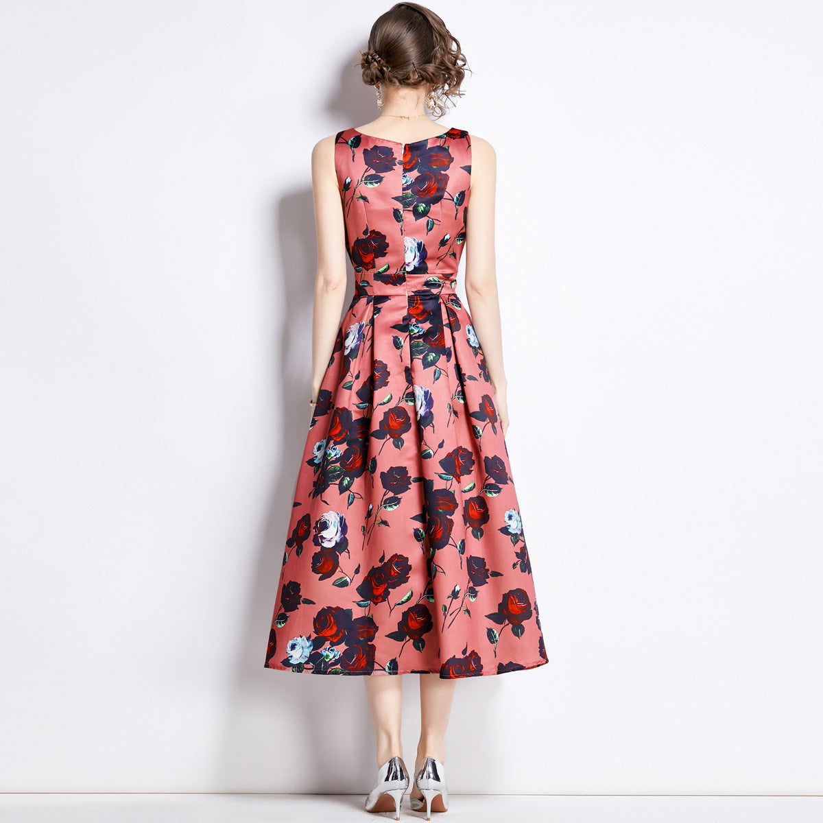 Sleeveless Boat Neck Fitted Vest Box Pleated Skirt Printed Satin Dress - 897#701