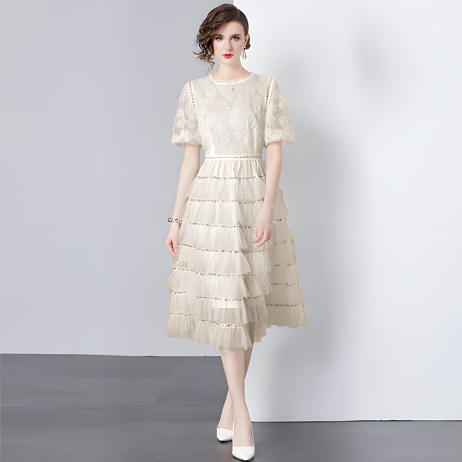 Multilayer Sequinned Mesh Skirt Flower Embroidered Vest Dress - 787365833312_BEI (EOSS)