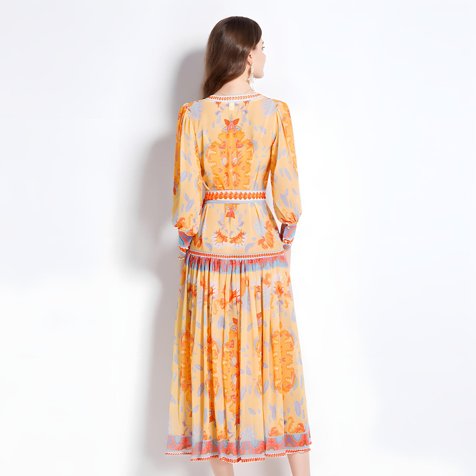 Printed Chiffon Plunging V - Neckline Front Split Long Dress With Waist Band - NRJ-720#2491