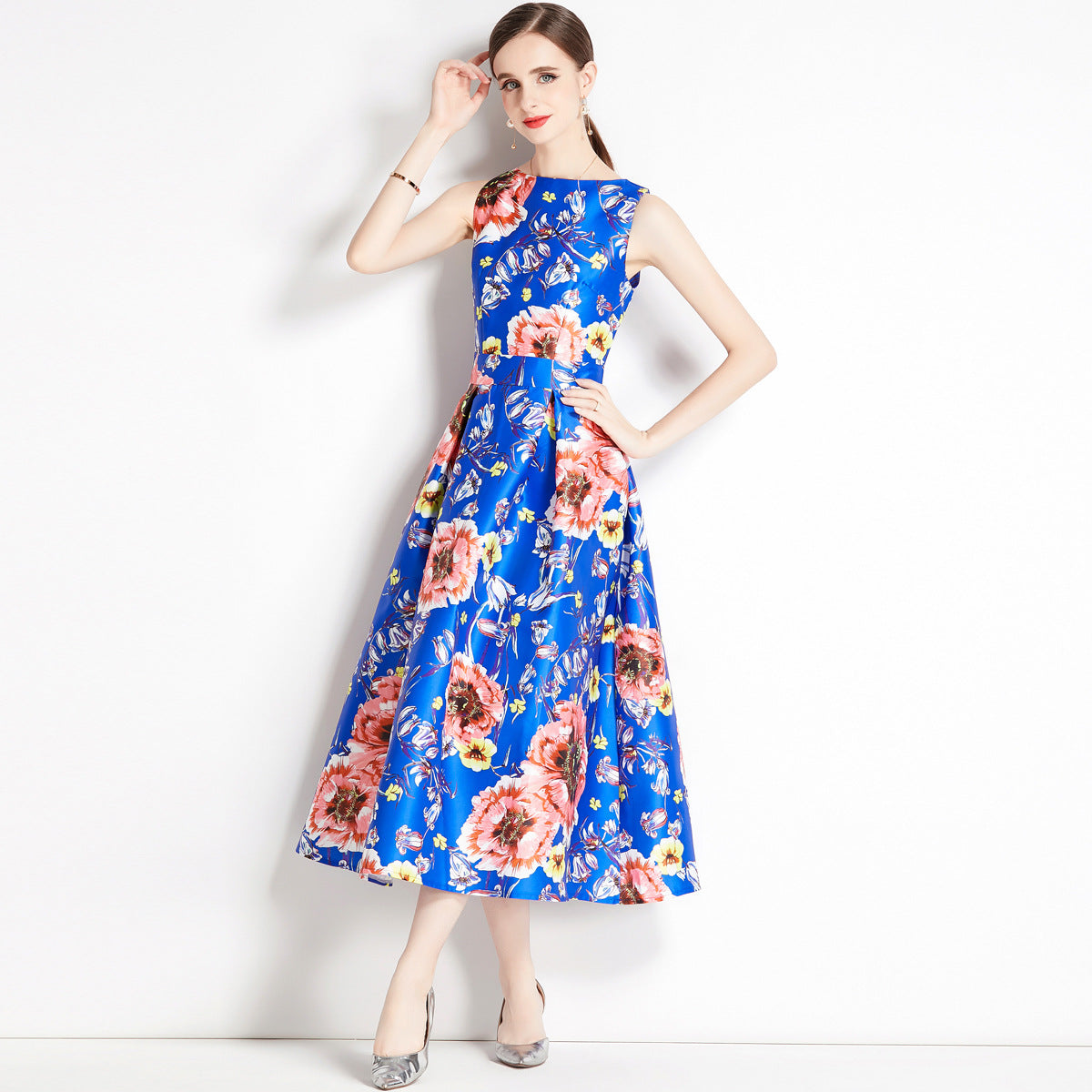 Sleeveless Boat Neck Fitted Vest Box Pleated Skirt Printed Satin Dress - 806#701_BAS