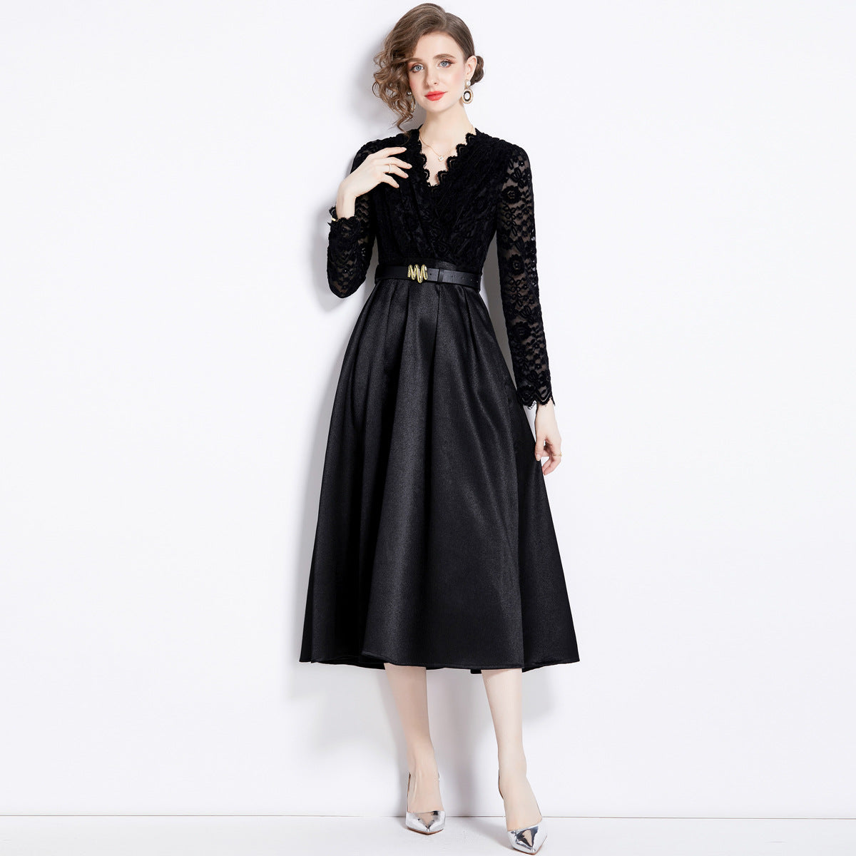 Retro Style Lace Blouse And Satin Skirt Black Dress With Belt - 760609456758_BAS