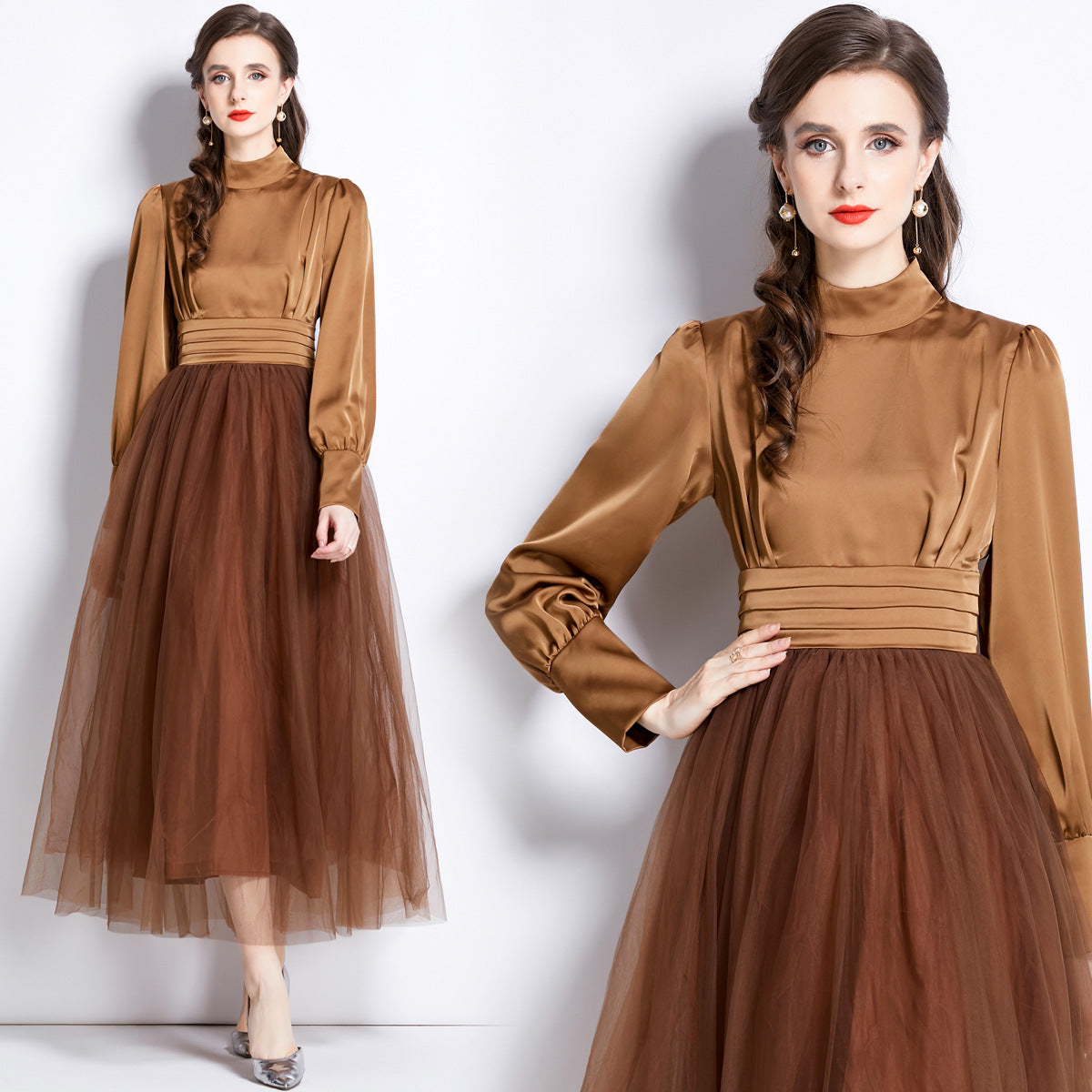 Stand Collar Pleated Vest Satin Blouse Mesh Skirt One Piece Russet Color Dress - 742117387610_BAS