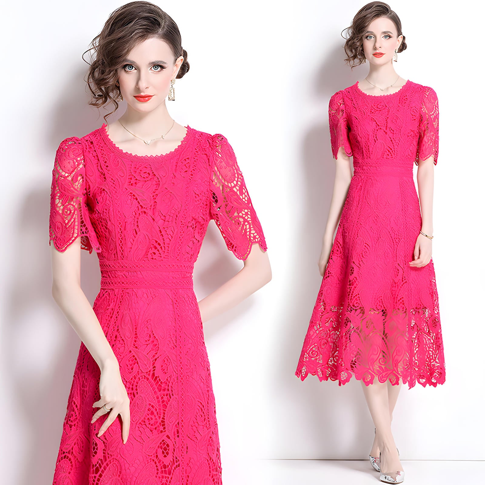 Crew Neck French Lace Rose Red Dress - 799906103340_BAS