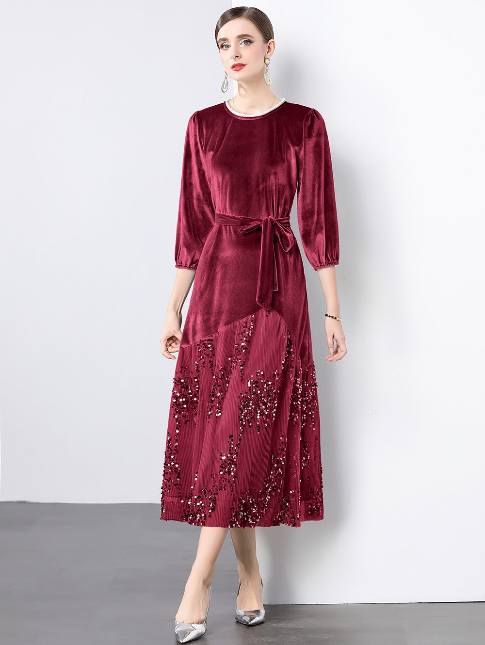 Velvet Mesh and Sequin Embellished Dress - 855932949530_CLARET