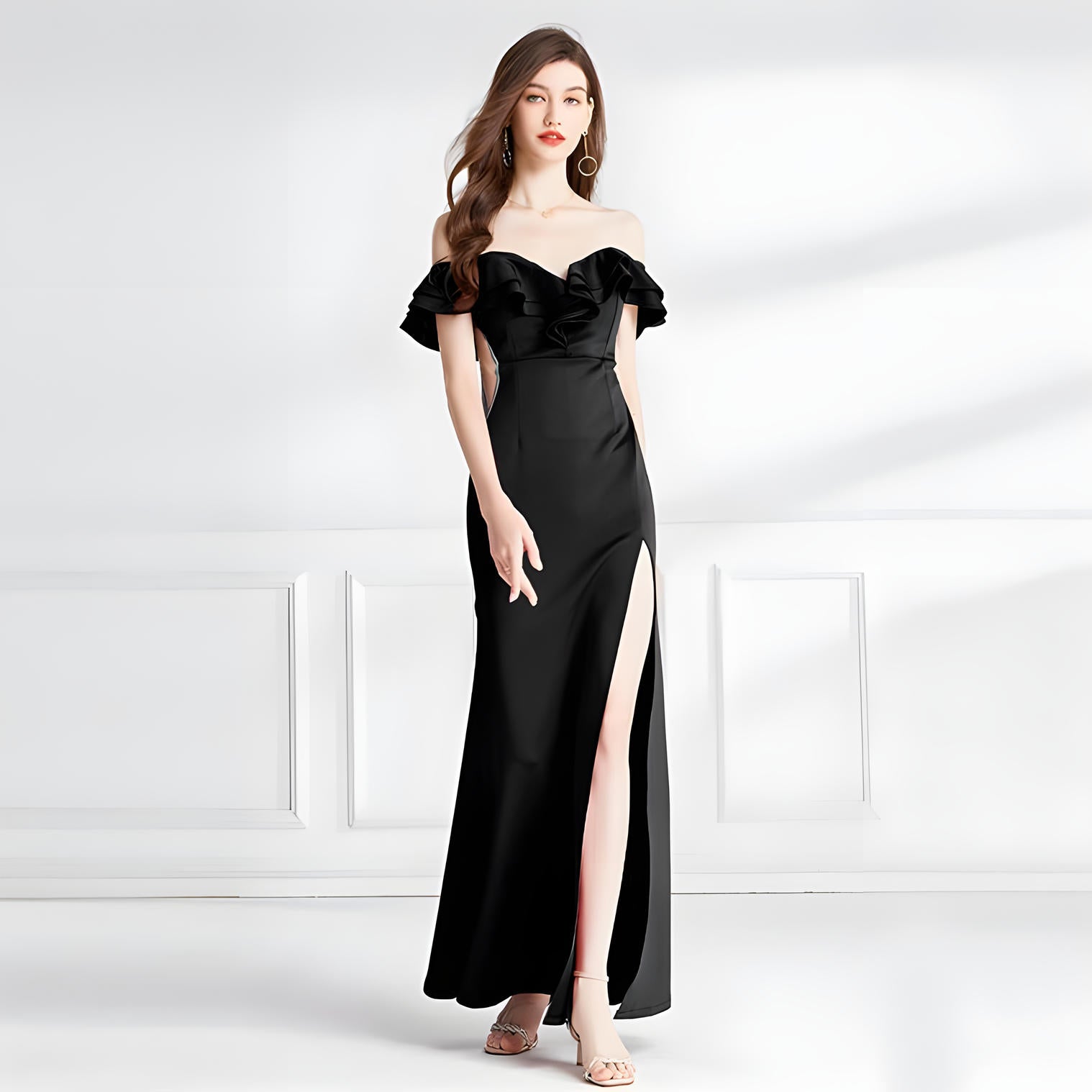 Fishtail Off-Shoulder Black Party Gown with Sheer Tulle Waist and Thigh-High Slit - 745925150055_BLA
