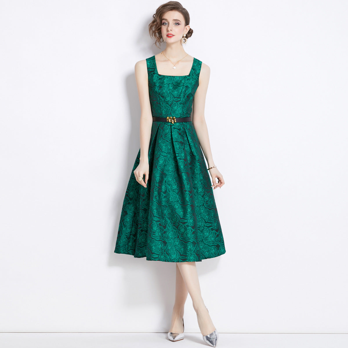 Sleeveless Square Neck Self Texture Jacquard Pleated Fitted Dress With Belt - 2089#701 (EOSS)