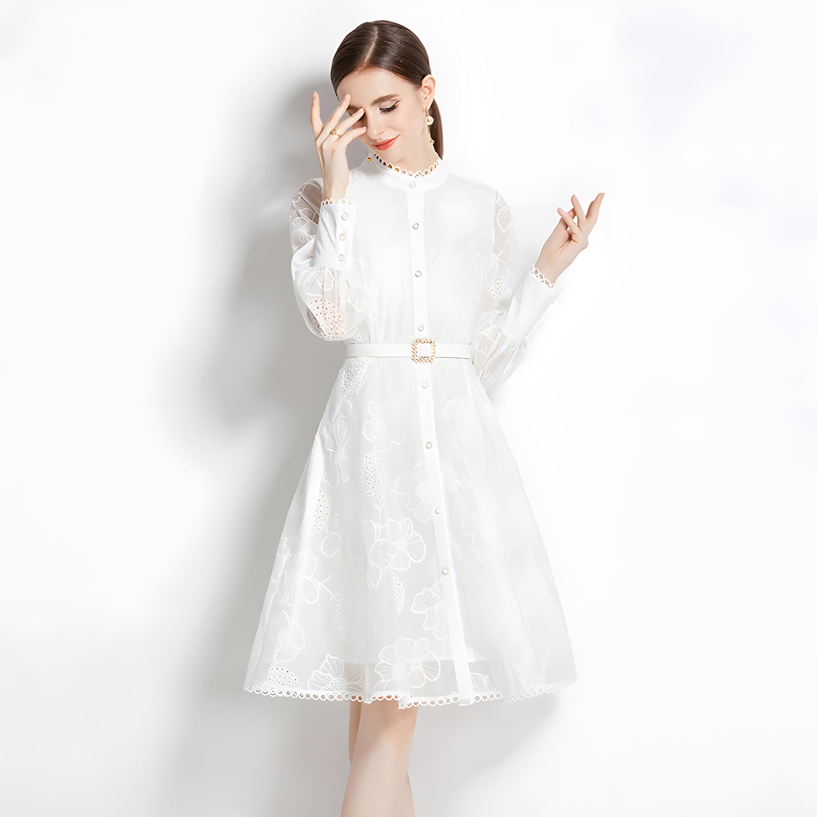 Luxury French Lace High Neck Retro Short Dress - 734579574273