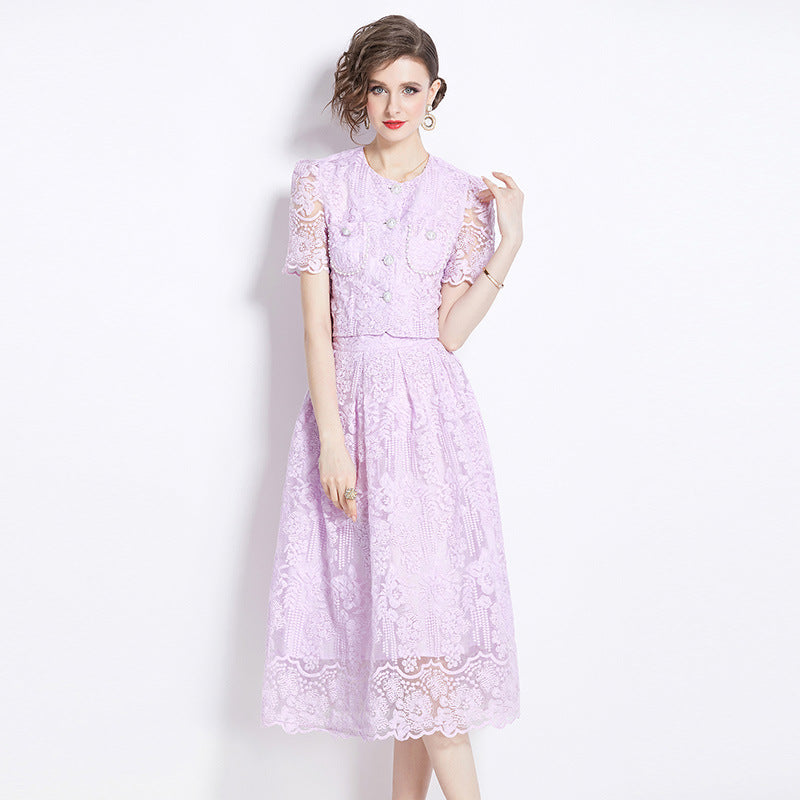 Embroidered French Lace Single Breasted Full Sleeve Blouse and Skirt Two Piece Set - 791558480609_BAS