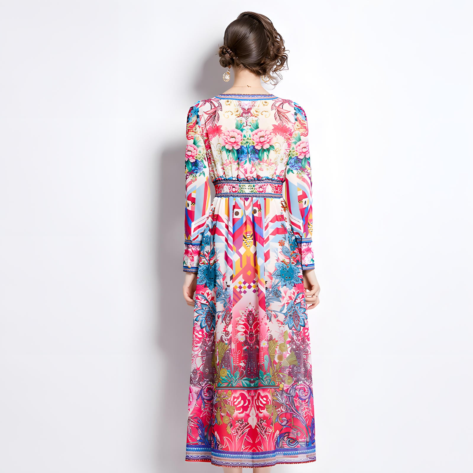 Printed Chiffon Plunging V - Neckline Elasticated Waist Front Split Long Dress - NRJ-720#2495