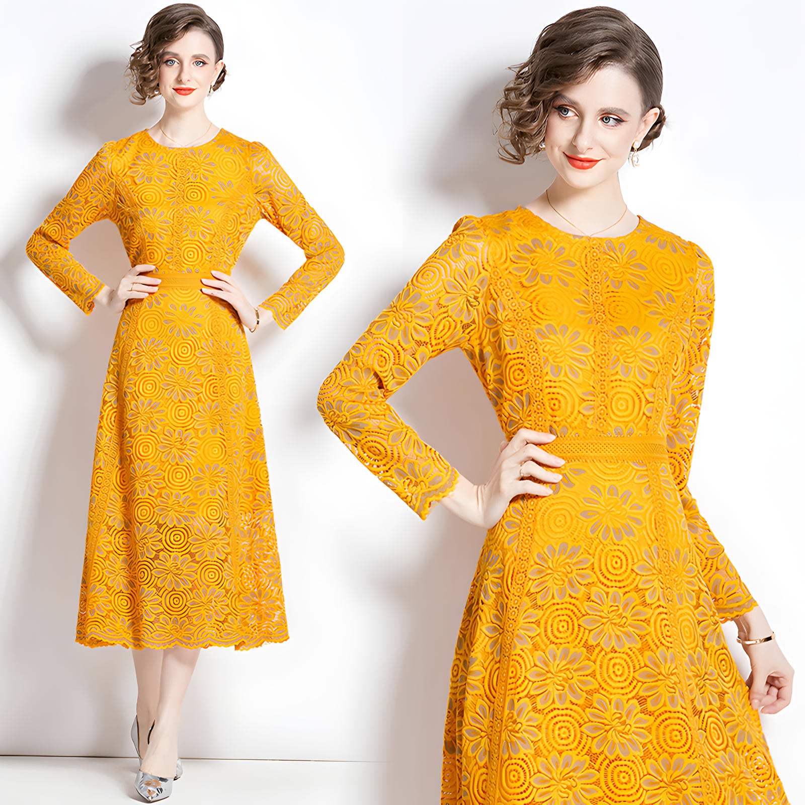 Luxury French Lace Full Sleeve Round Neck Long Dress - 6938#607_YELLOW